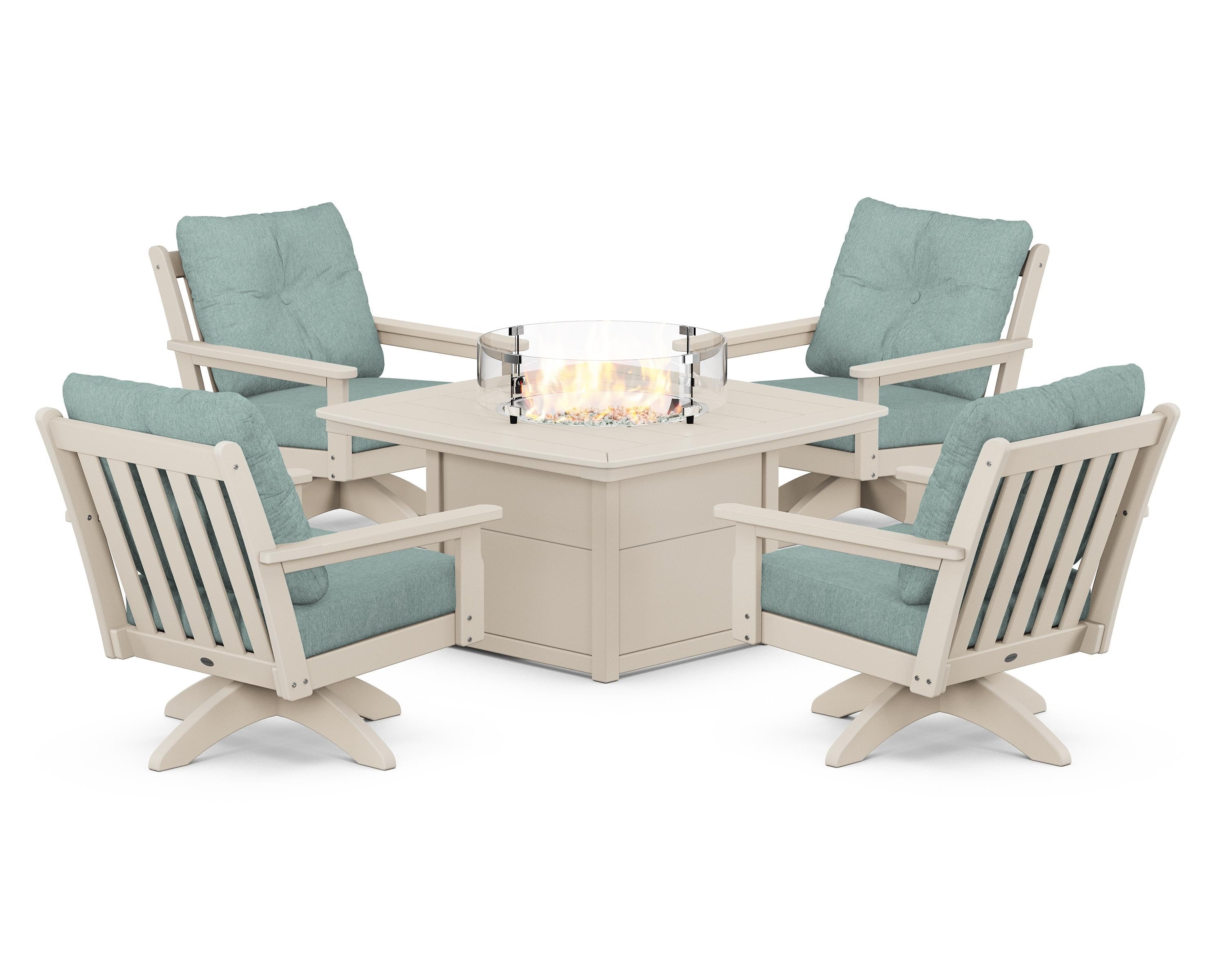 POLYWOOD® Vineyard 5-Piece Deep Seating Swivel Conversation Set with Fire Pit Table in Sand / Glacier Spa