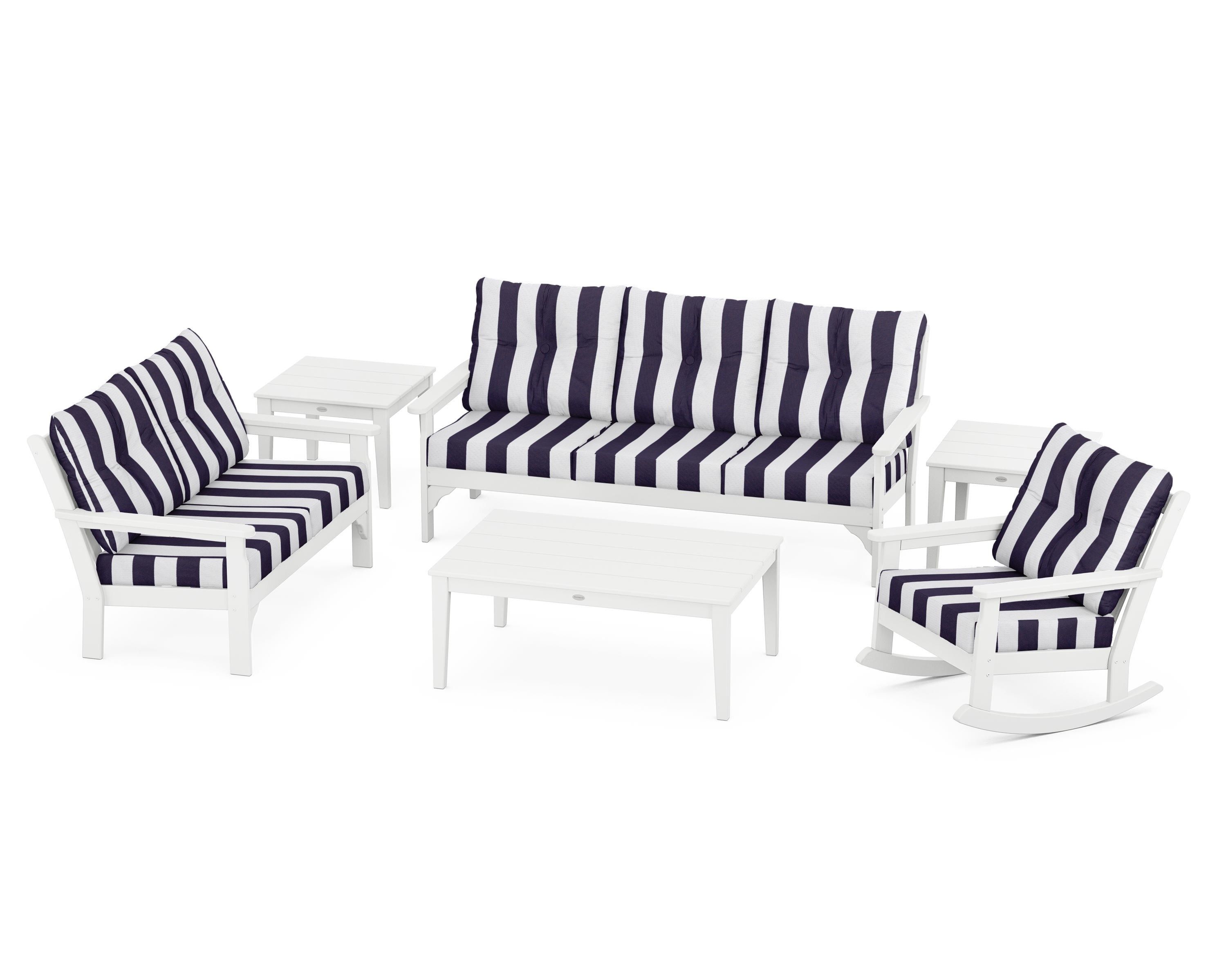 POLYWOOD® Vineyard 6-Piece Deep Seating Set in White / Cabana Stripe Navy