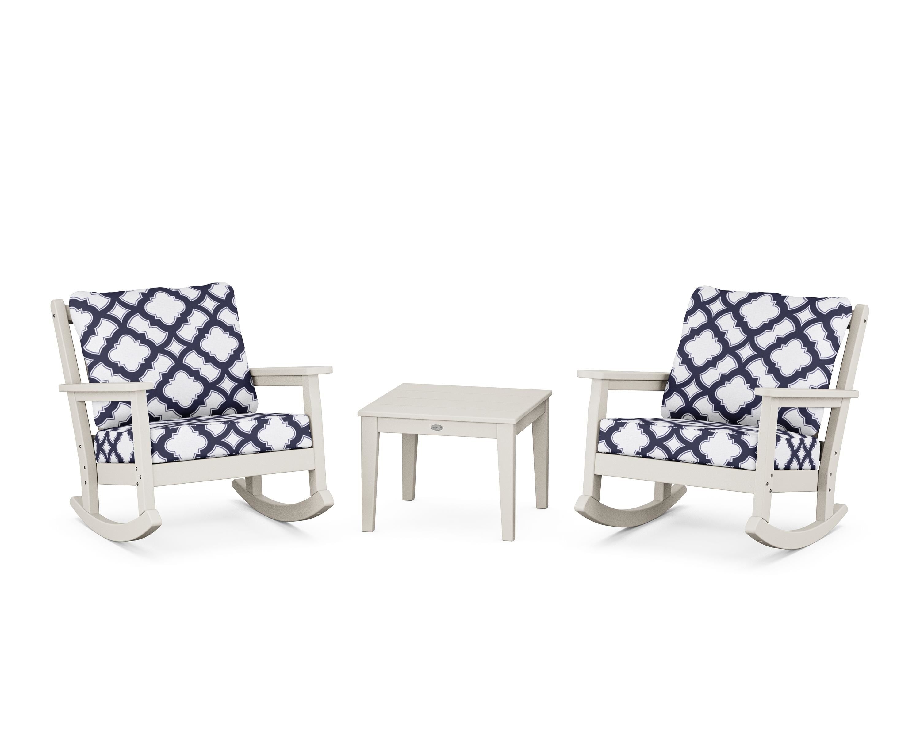 POLYWOOD® Chippendale 3-Piece Deep Seating Rocker Set in Sand / Trellis Navy
