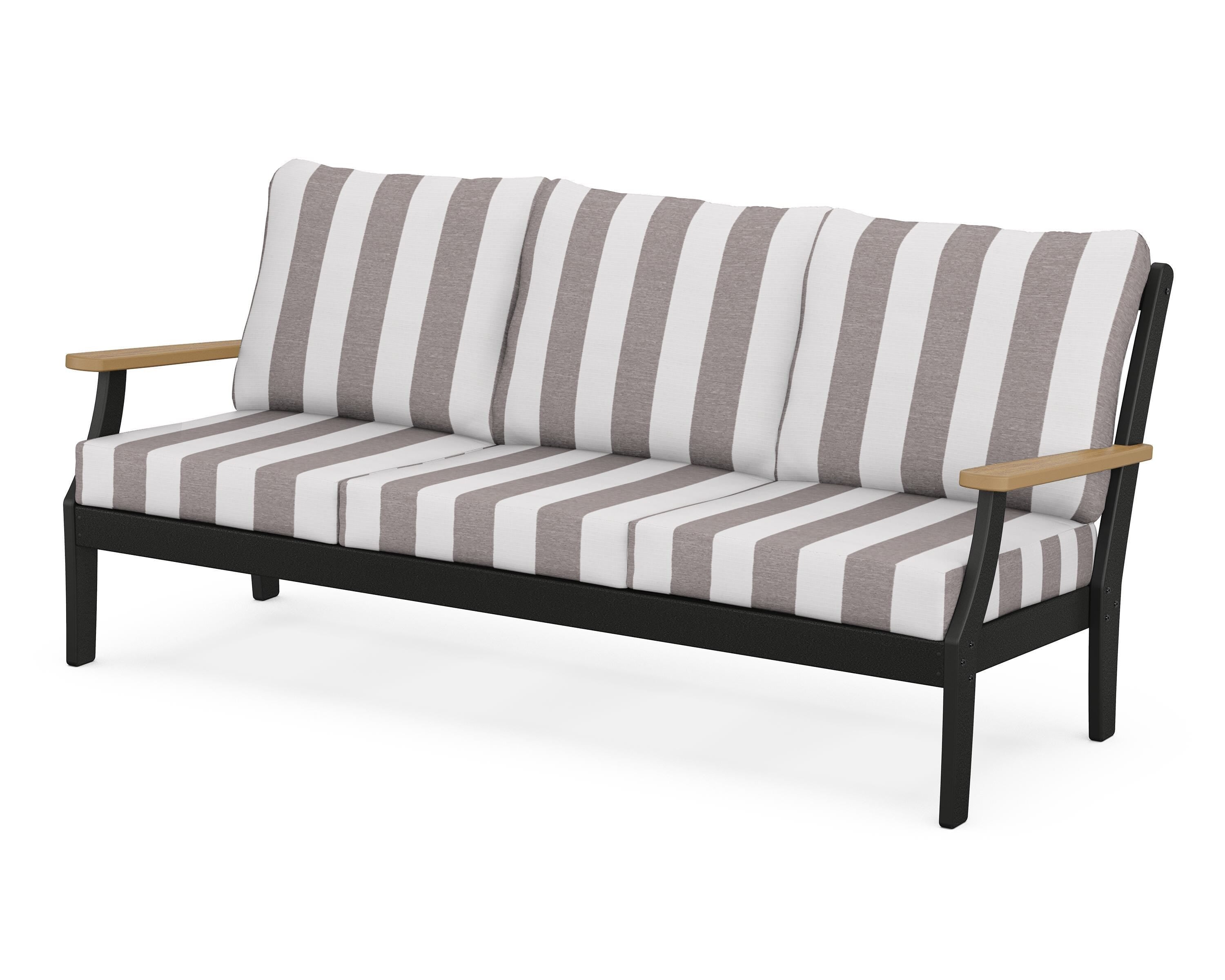 POLYWOOD® Braxton Deep Seating Sofa in Black / Natural / Cabana Stripe Grey Mist