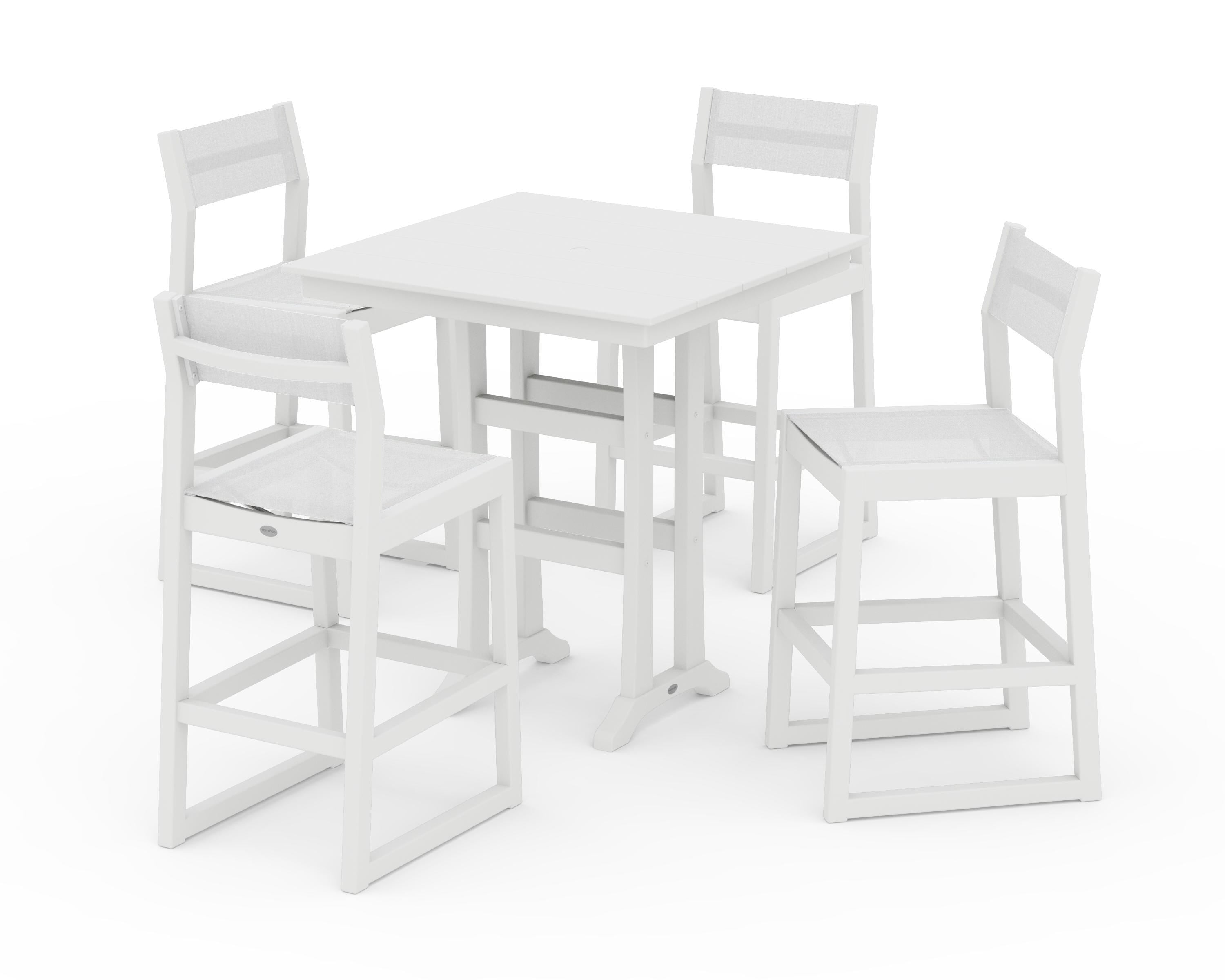 POLYWOOD® EDGE Sling Arm Chair 5-Piece Farmhouse Bar Set with Trestle Legs in White / White Sling