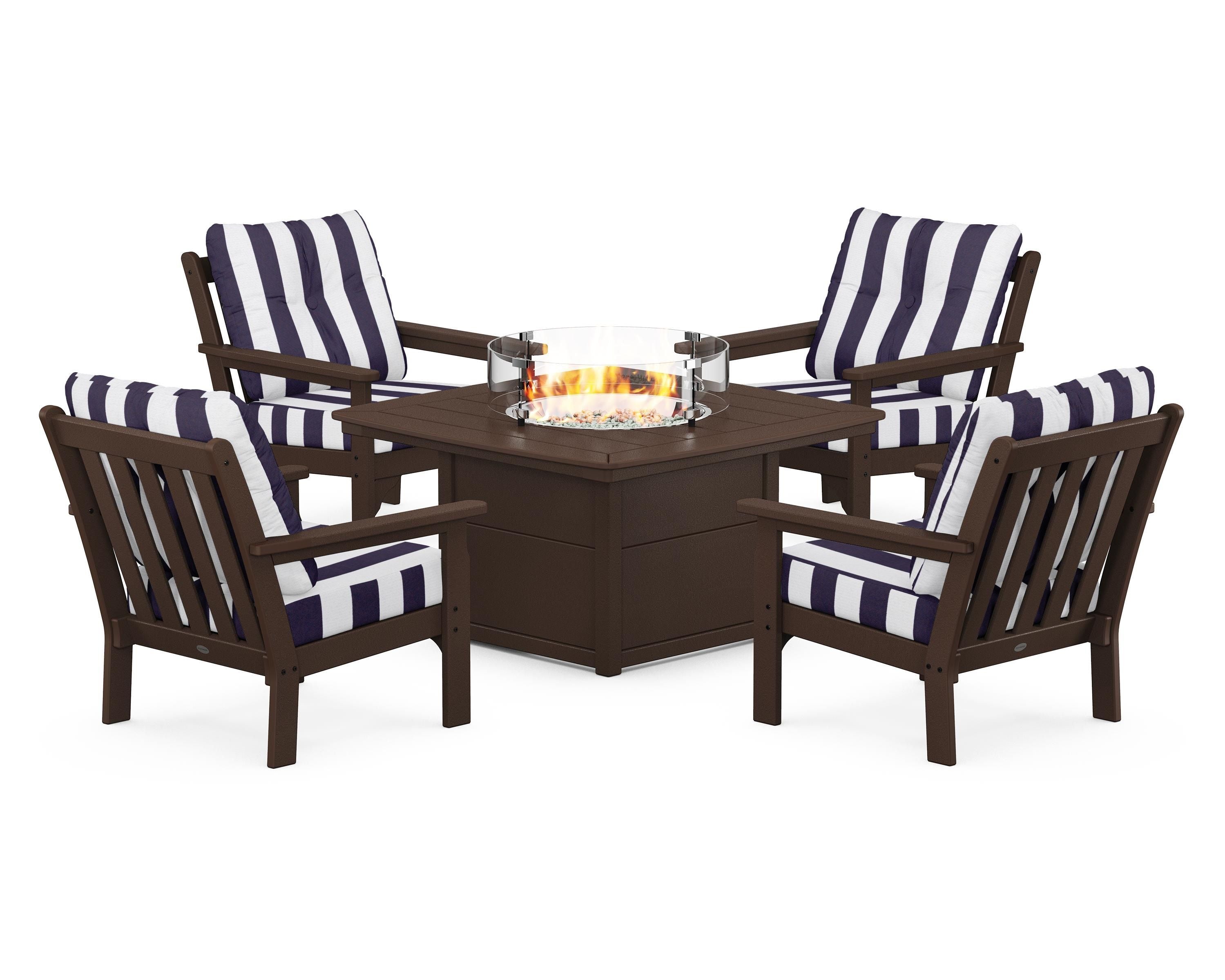 POLYWOOD® Vineyard 5-Piece Conversation Set with Fire Pit Table in Mahogany / Cabana Stripe Navy