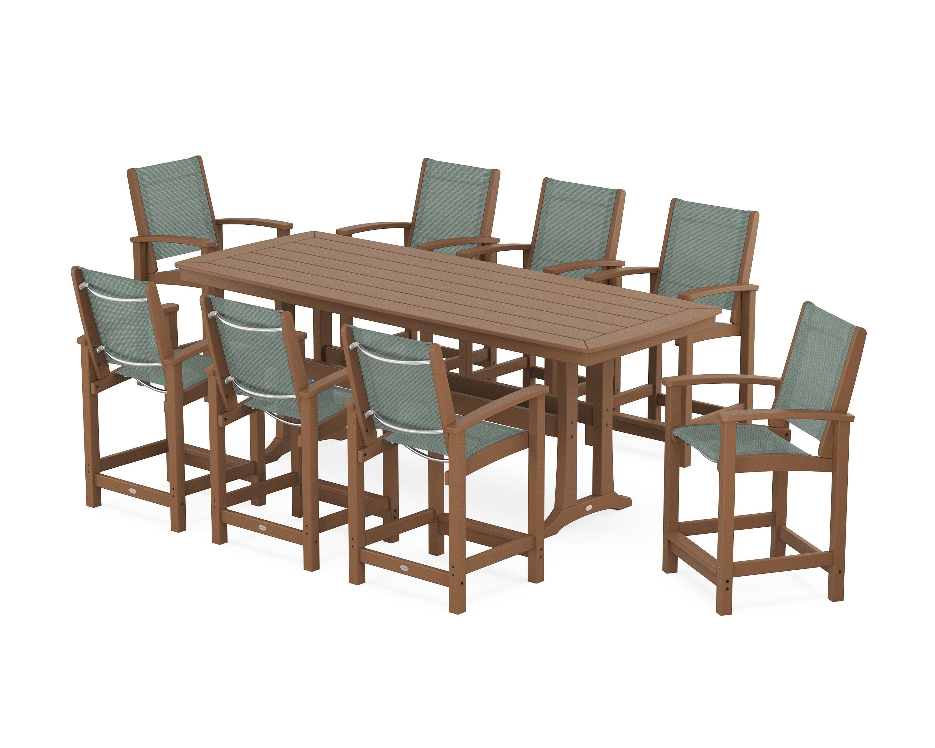 POLYWOOD® Coastal 9-Piece Counter Set with Trestle Legs in Teak / Dupioni Sea Mist Sling