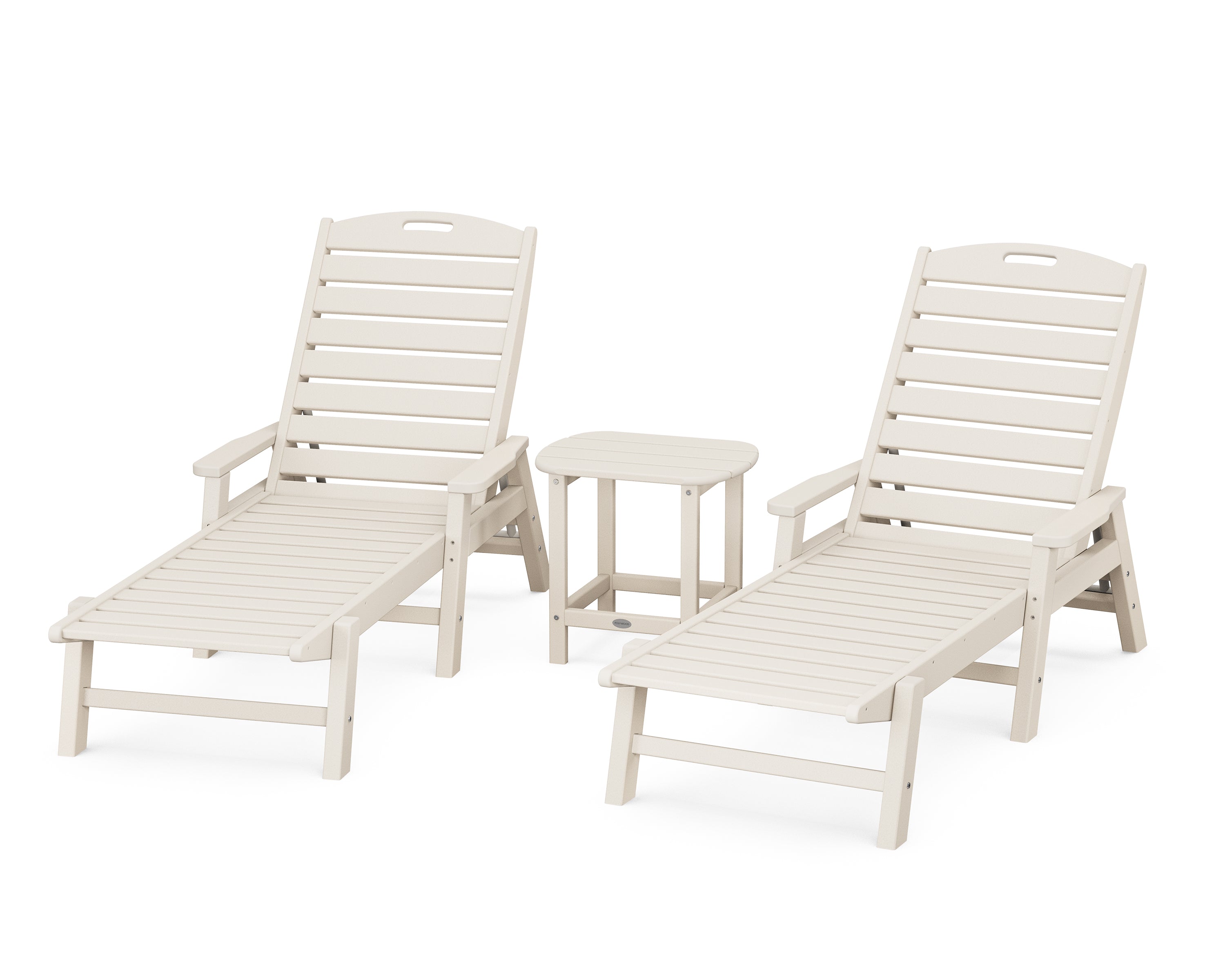 POLYWOOD® Nautical 3-Piece Chaise Lounge with Arms Set with South Beach 18" Side Table in Sand