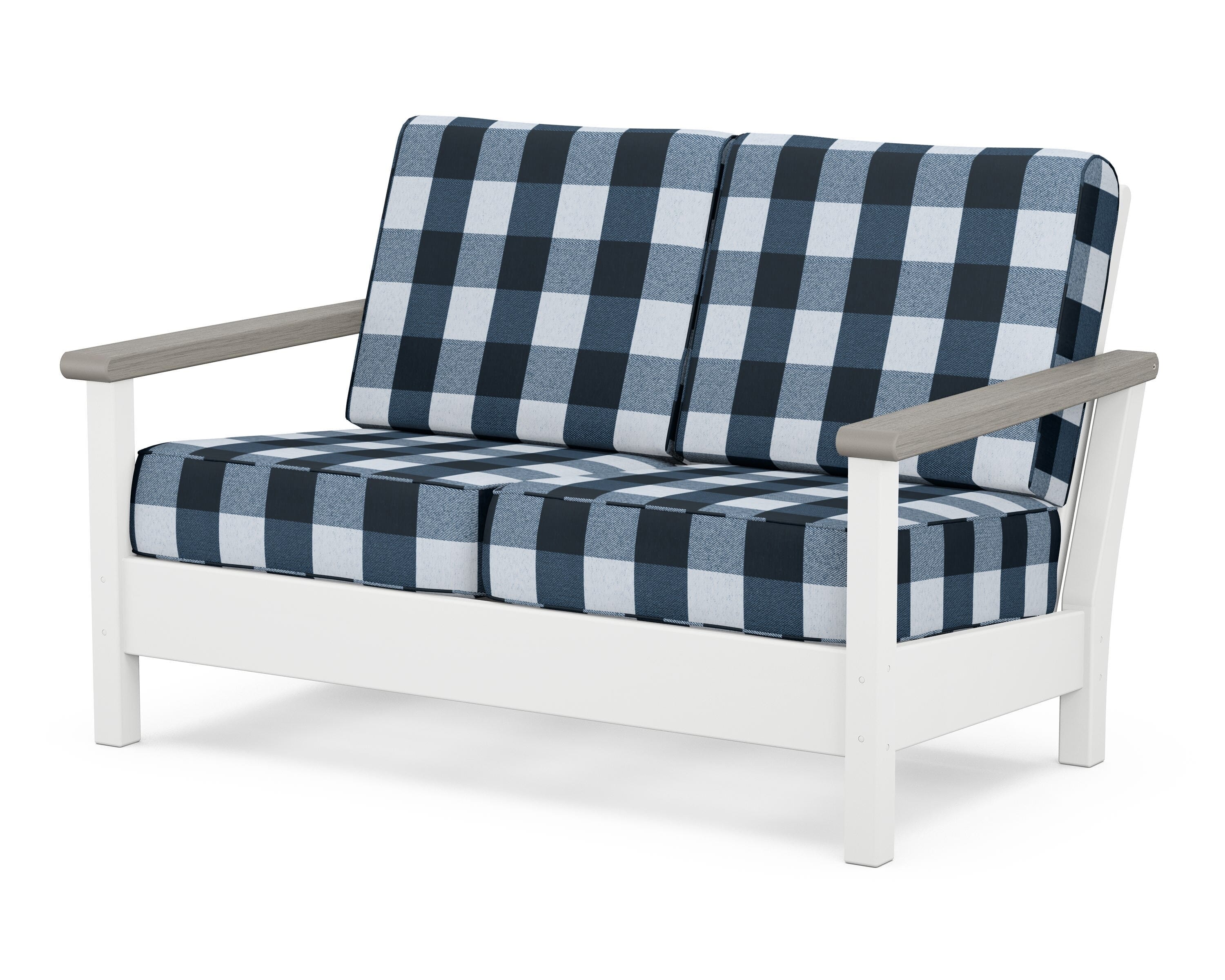 POLYWOOD® Harbour Deep Seating Loveseat in White / Driftwood / Buffalo Plaid Marine Indigo