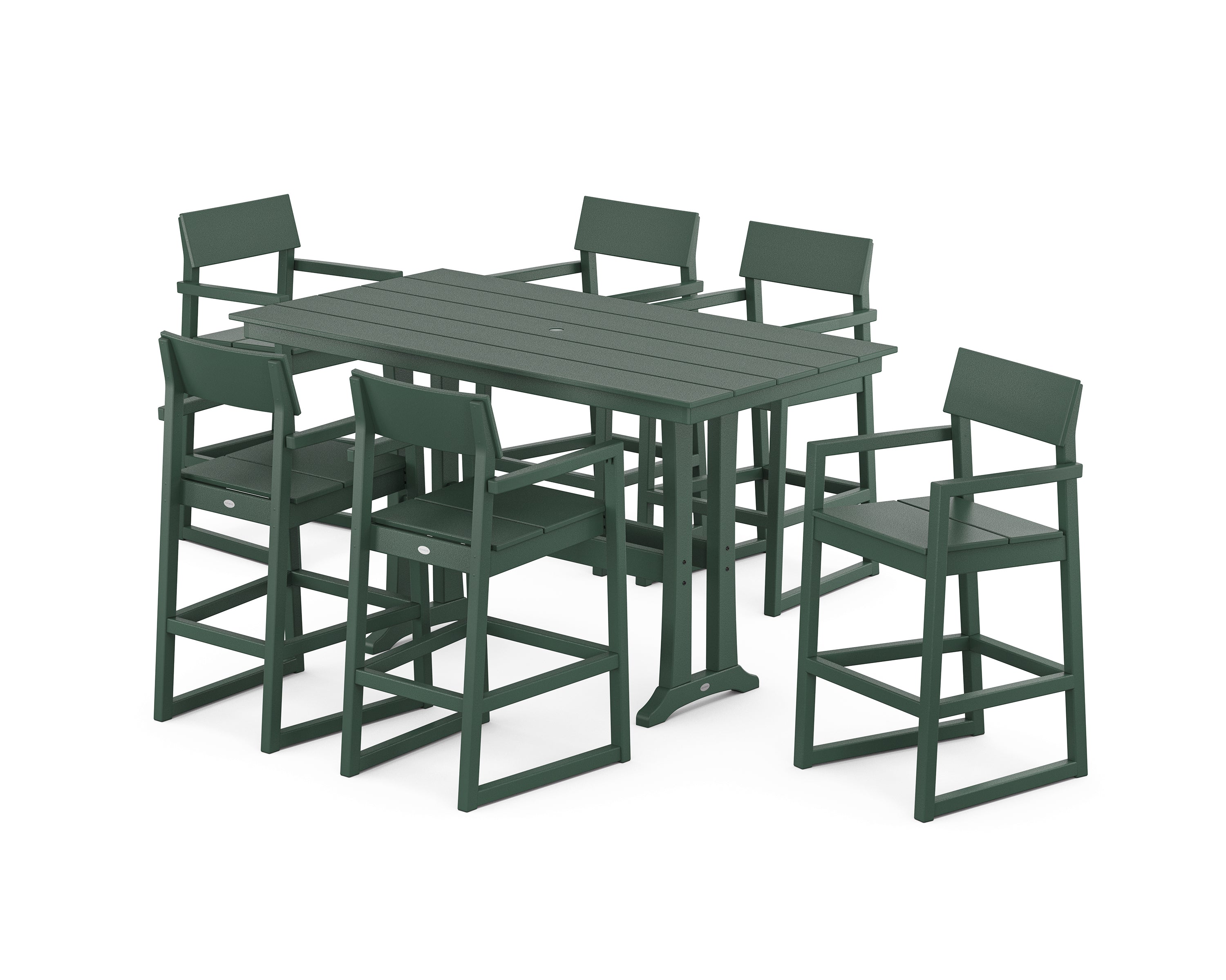 POLYWOOD® EDGE Arm Chair 7-Piece Farmhouse Bar Set with Trestle Legs in Green