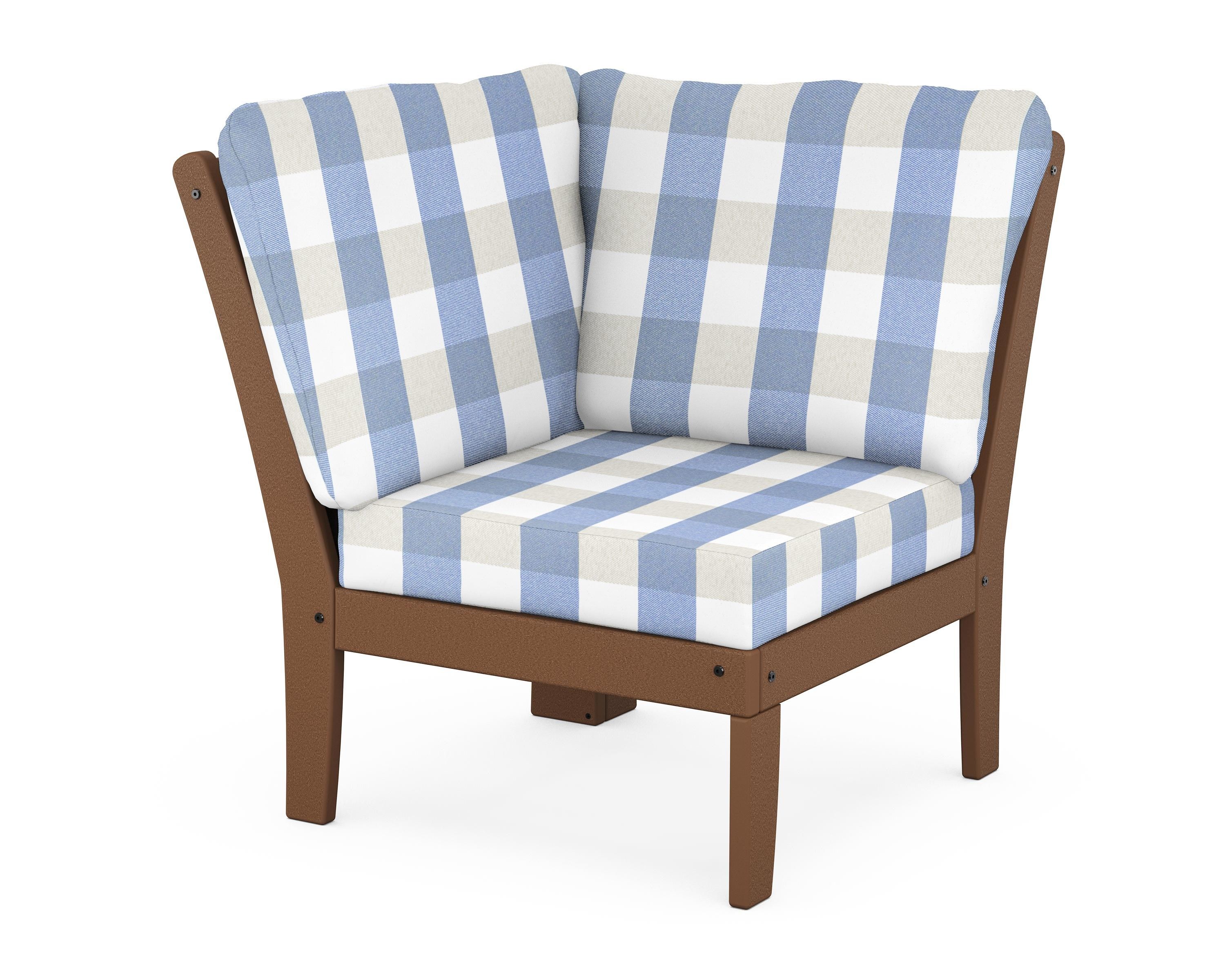 POLYWOOD® Braxton Modular Corner Chair in Teak / Buffalo Plaid Sky Blue