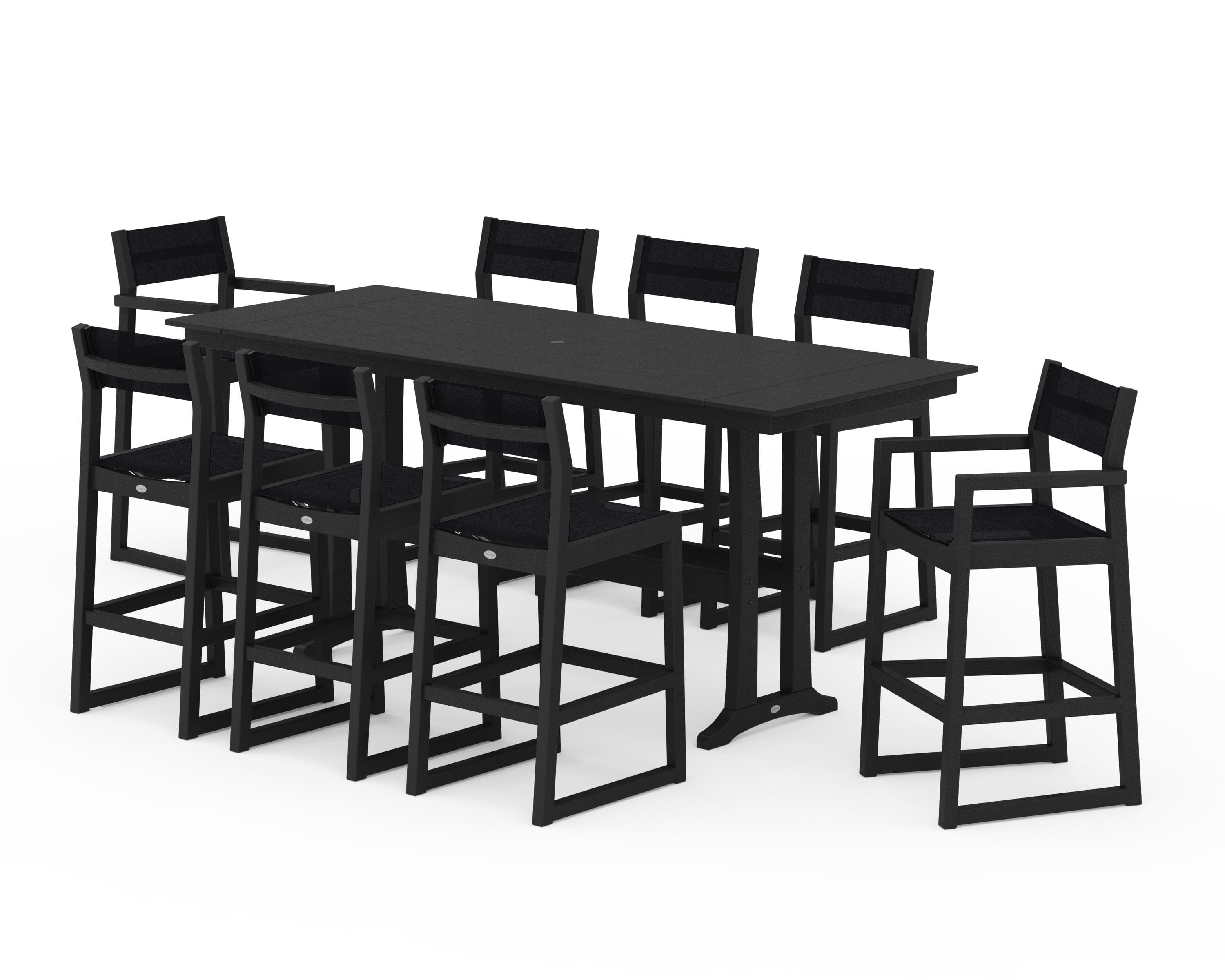 POLYWOOD® EDGE Sling 9-Piece Farmhouse Bar Set with Trestle Legs in Black / Black Sling