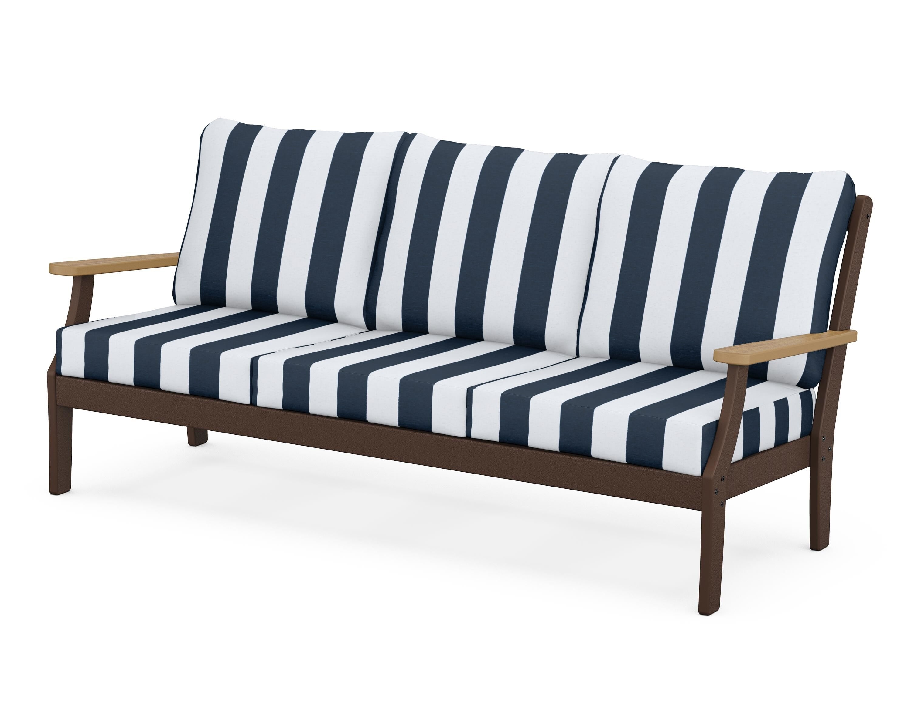 POLYWOOD® Braxton Deep Seating Sofa in Mahogany / Natural / Cabana Stripe Marine Indigo