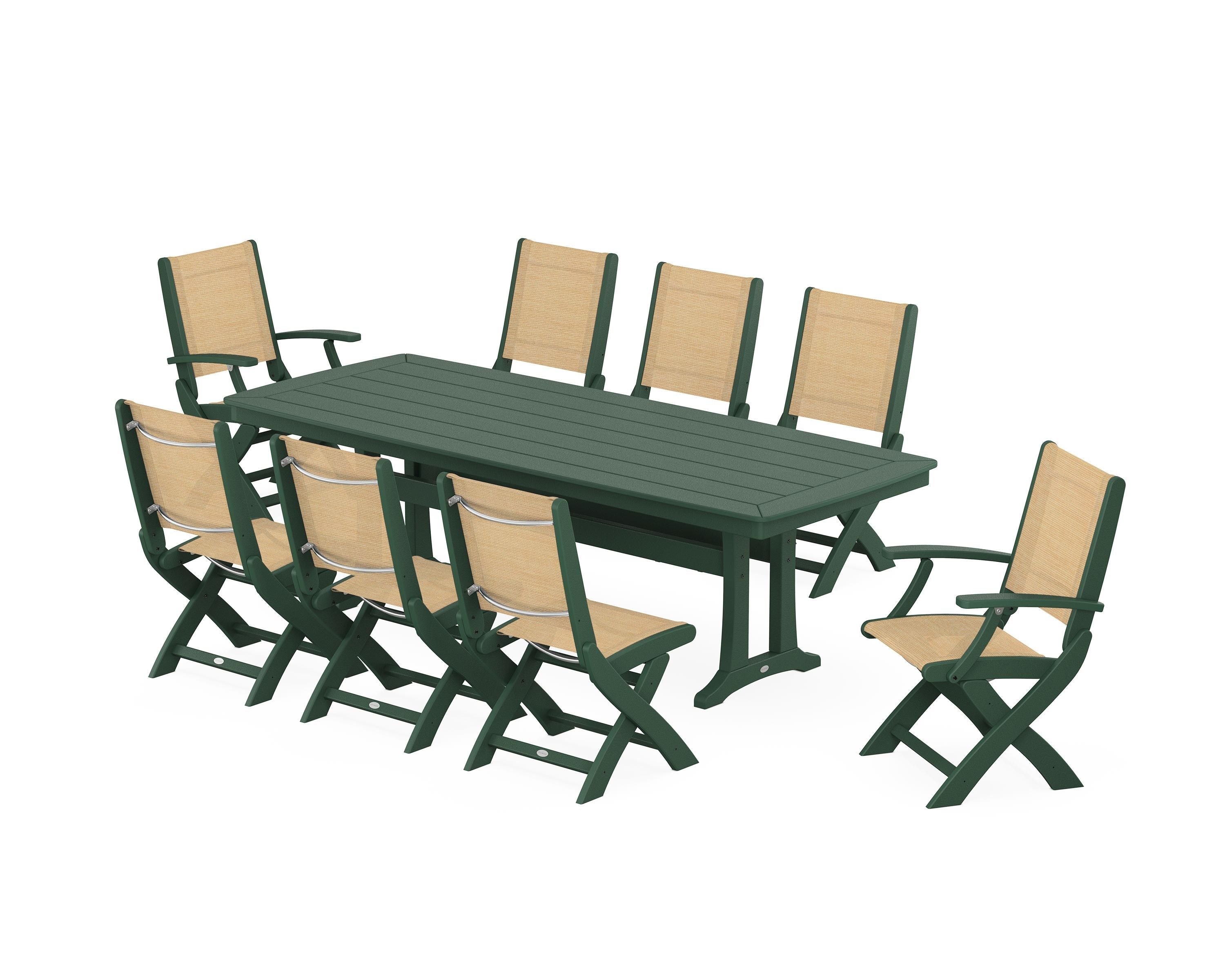 POLYWOOD® Coastal Folding 9-Piece Dining Set with Trestle Legs in Green / Dupioni Apricot Sling