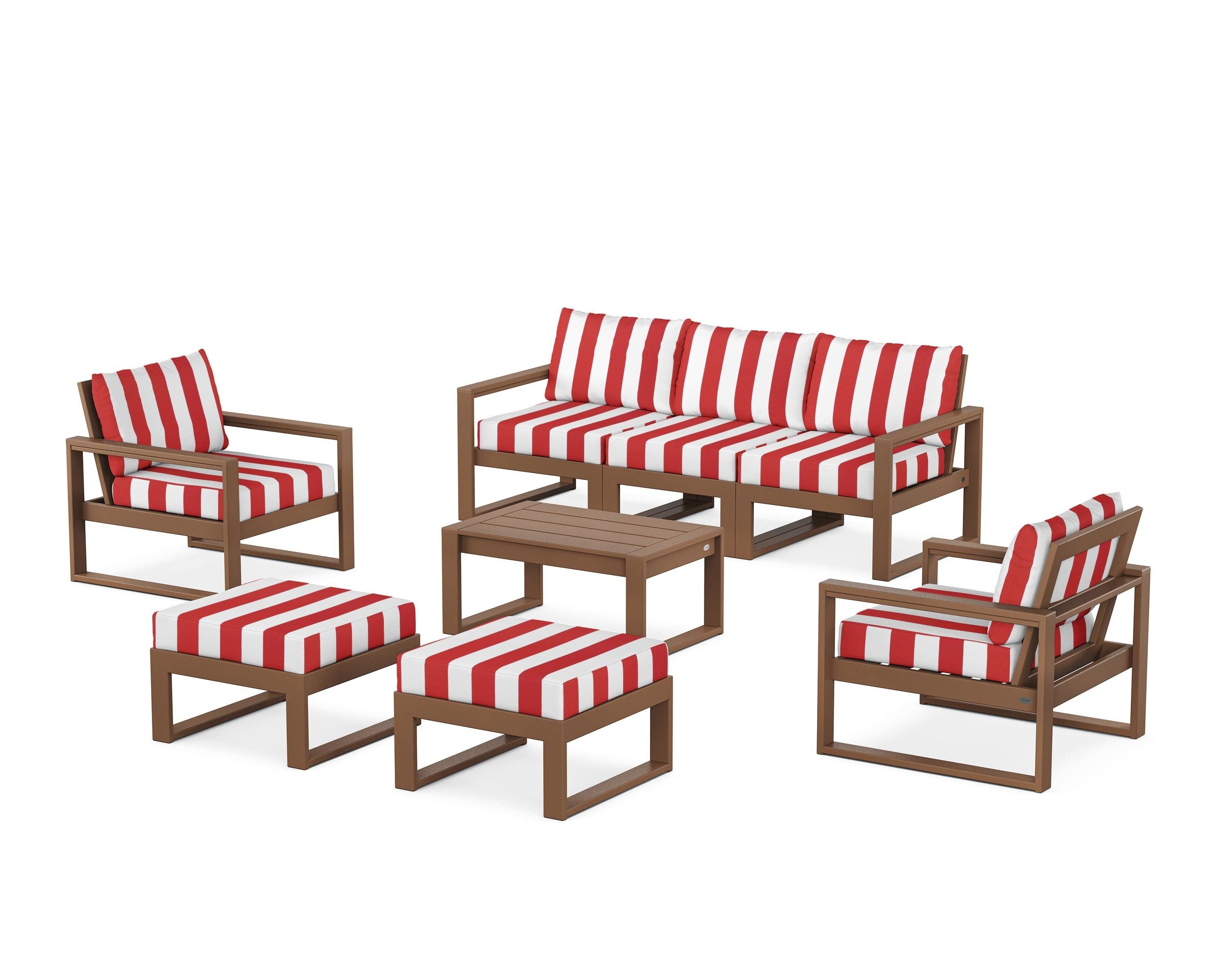 POLYWOOD® EDGE Sectional 8-Piece Lounge Sofa Set in Teak / Cabana Stripe Crimson