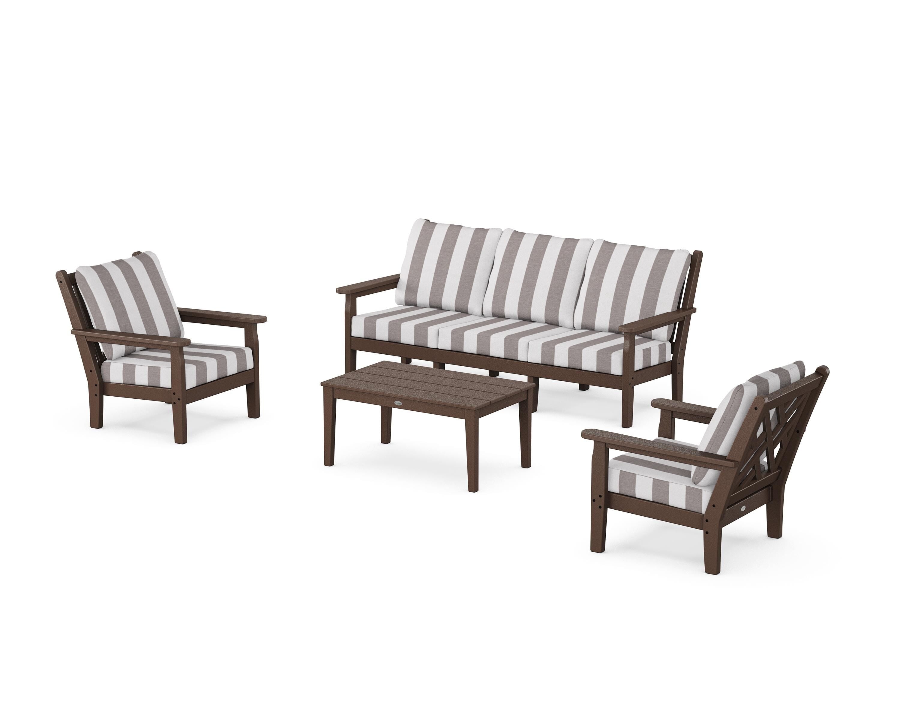 POLYWOOD® Chippendale 4-Piece Deep Seating Set with Sofa in Mahogany / Cabana Stripe Grey Mist