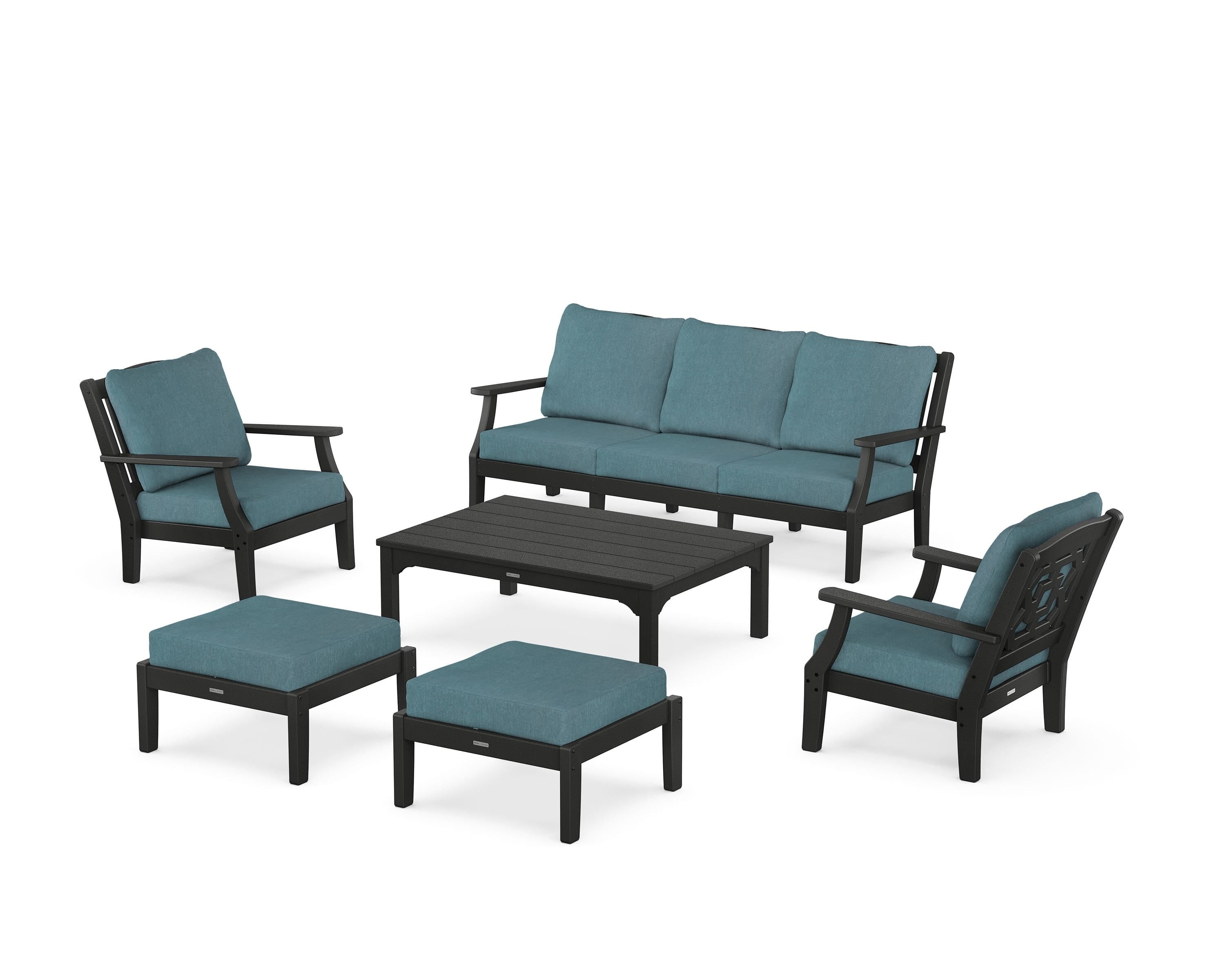 Martha Stewart by POLYWOOD® Chinoiserie 6-Piece Lounge Sofa Set in Black / Ocean Teal