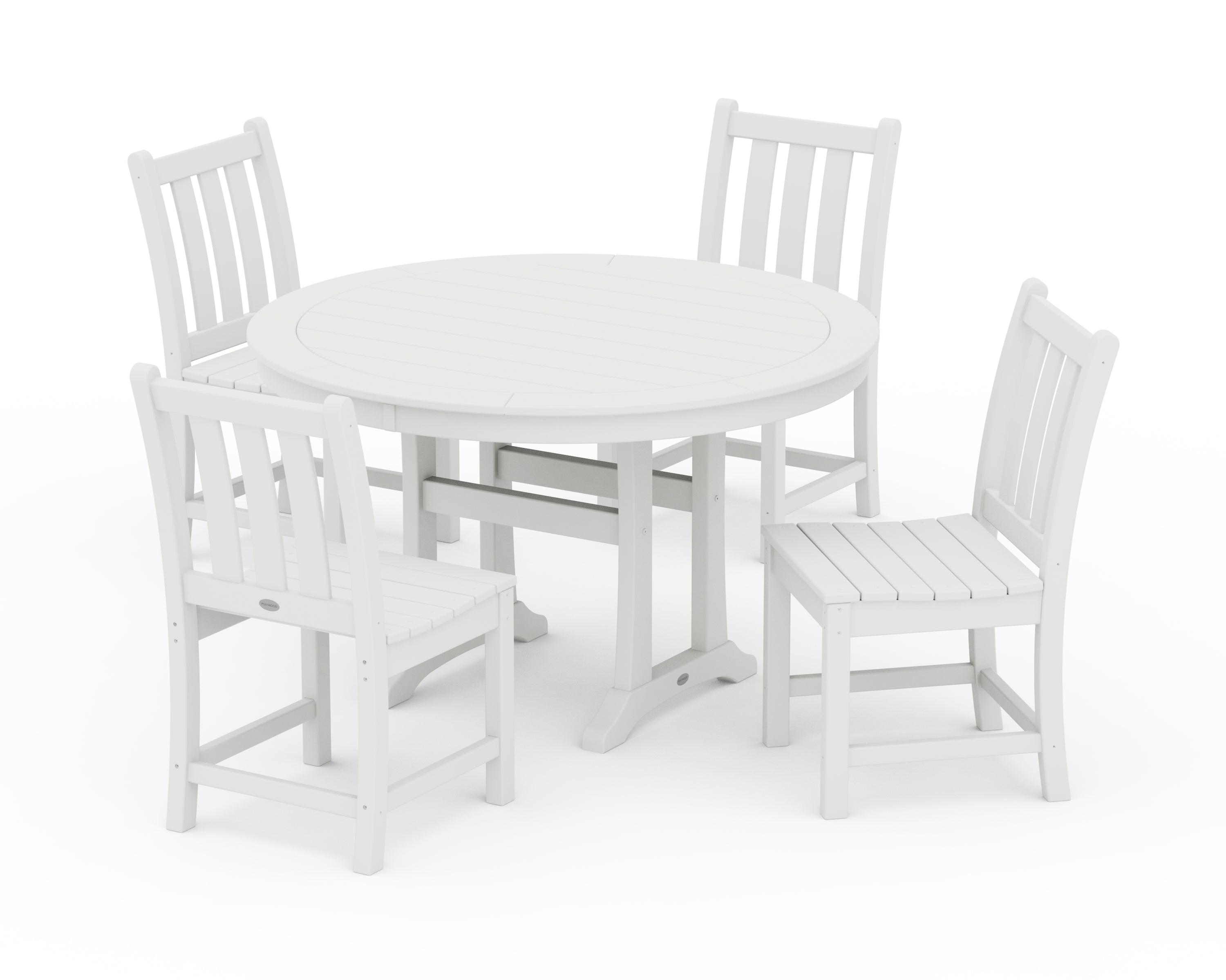 POLYWOOD® Traditional Garden Side Chair 5-Piece Round Dining Set With Trestle Legs in White