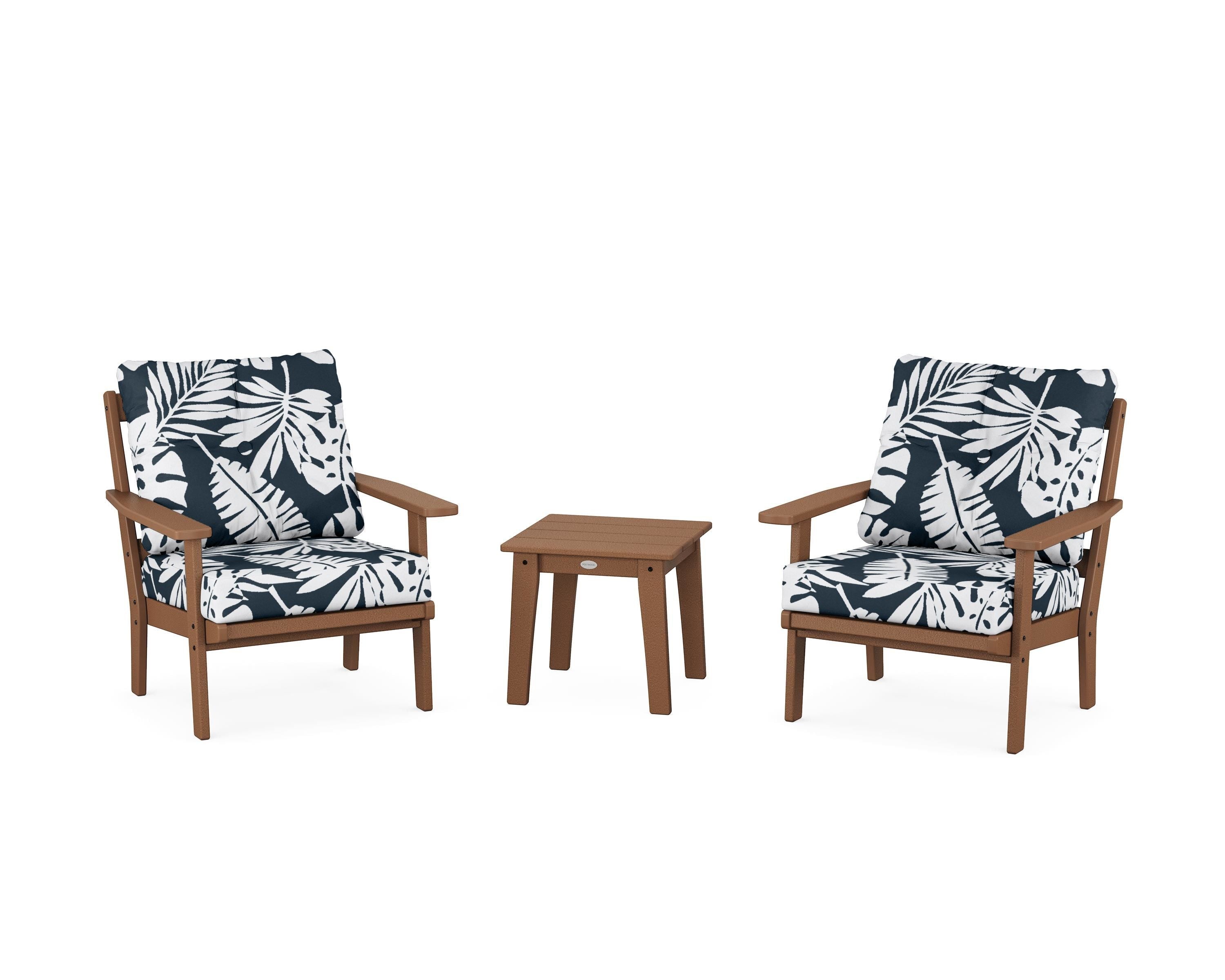 POLYWOOD® Prairie 3-Piece Deep Seating Set in Teak / Leaf Marine Indigo