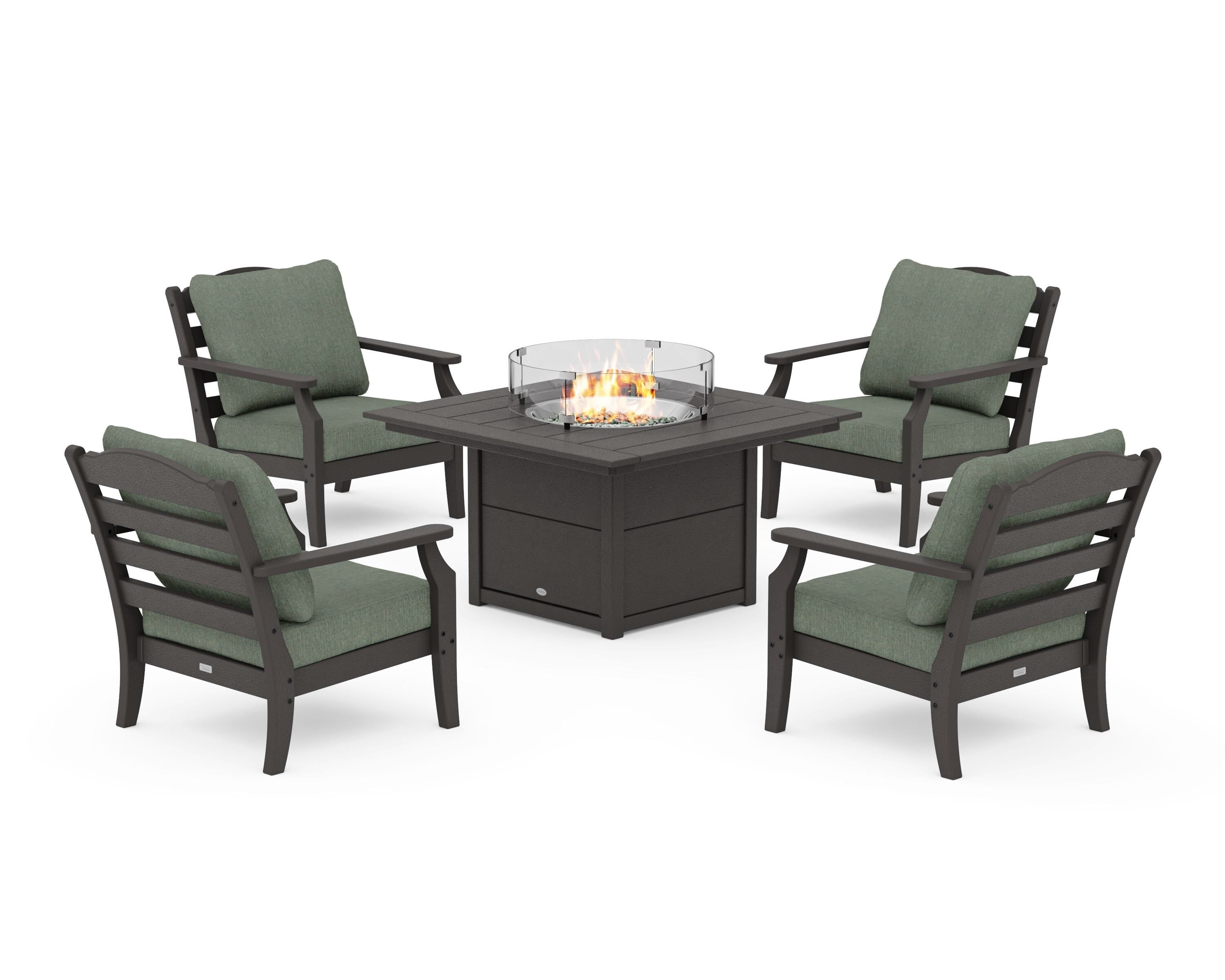 Draper James™ by POLYWOOD® Savannah 5-Piece Deep Seating Set with Fire Pit Table in Vintage Coffee / Cast Sage