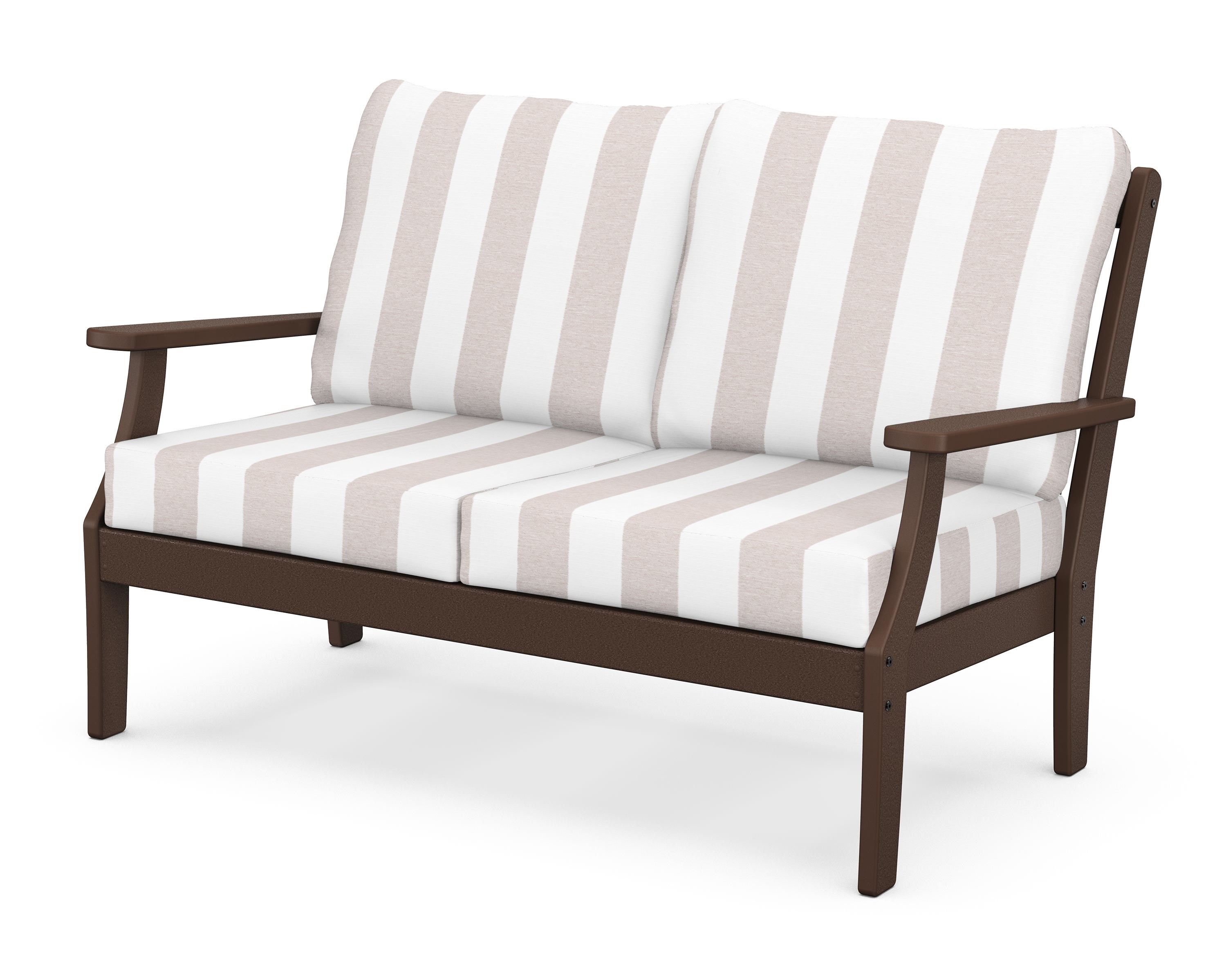 POLYWOOD® Braxton Deep Seating Loveseat in Mahogany / Cabana Stripe Dune Burlap