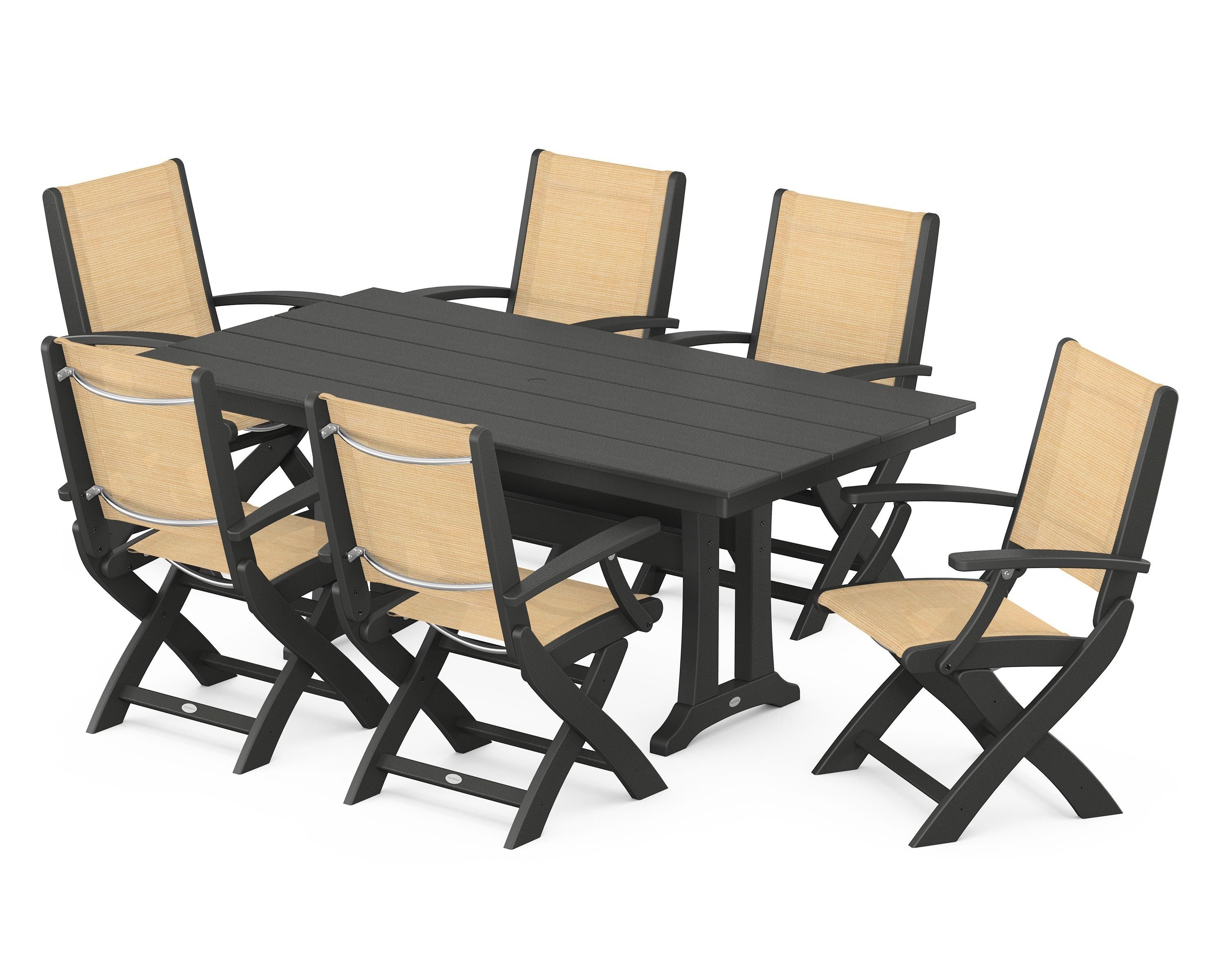 POLYWOOD® Coastal Folding Arm Chair 7-Piece Farmhouse Dining Set with Trestle Legs in Black / Dupioni Apricot Sling