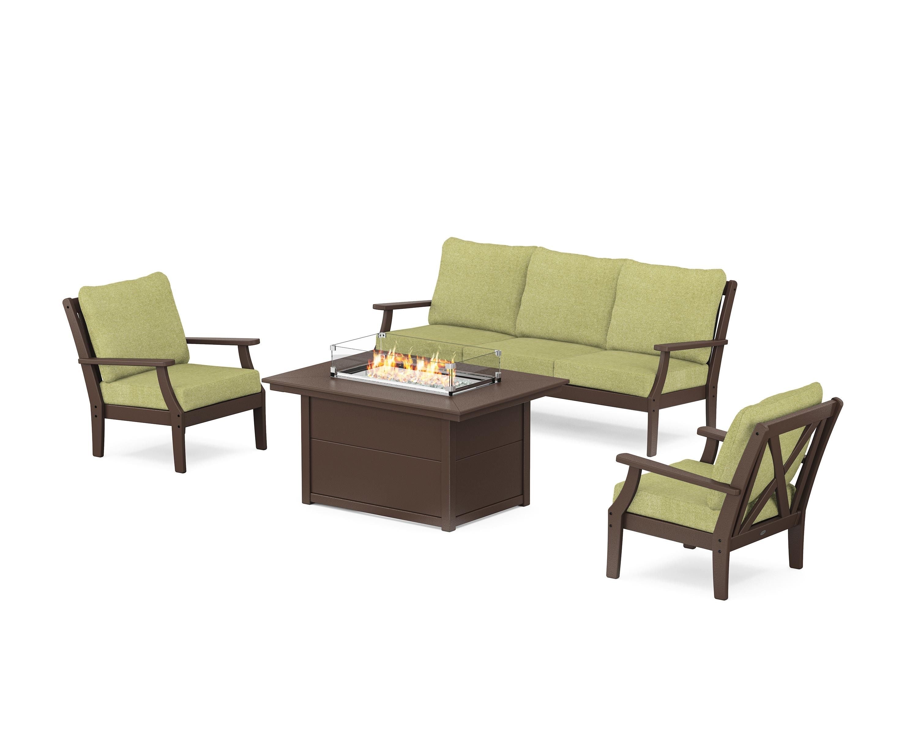 POLYWOOD® Braxton Deep Seating Fire Pit Table Set in Mahogany / Chartreuse Boucle