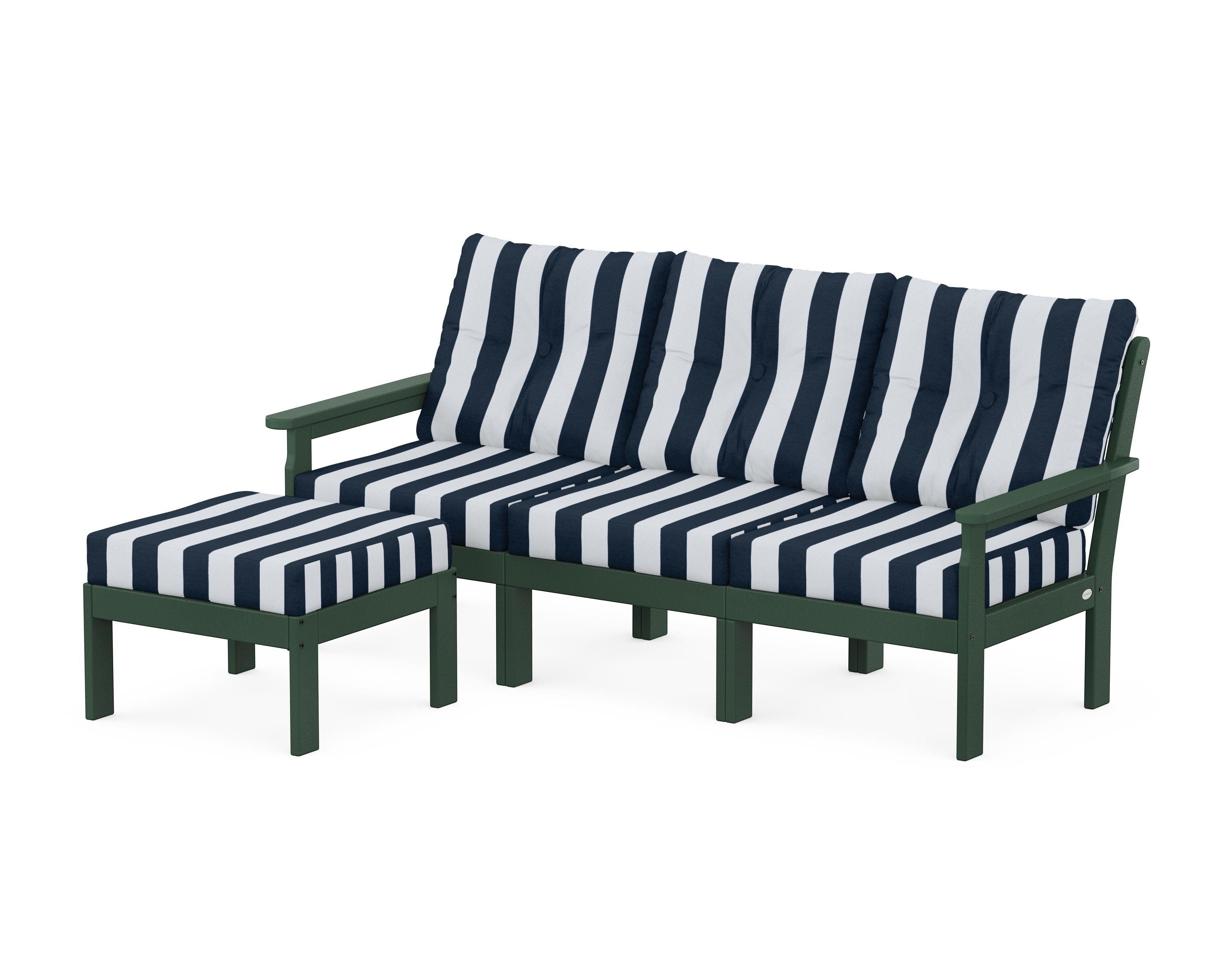 POLYWOOD® Vineyard 4-Piece Sectional with Ottoman in Green / Cabana Stripe Marine Indigo