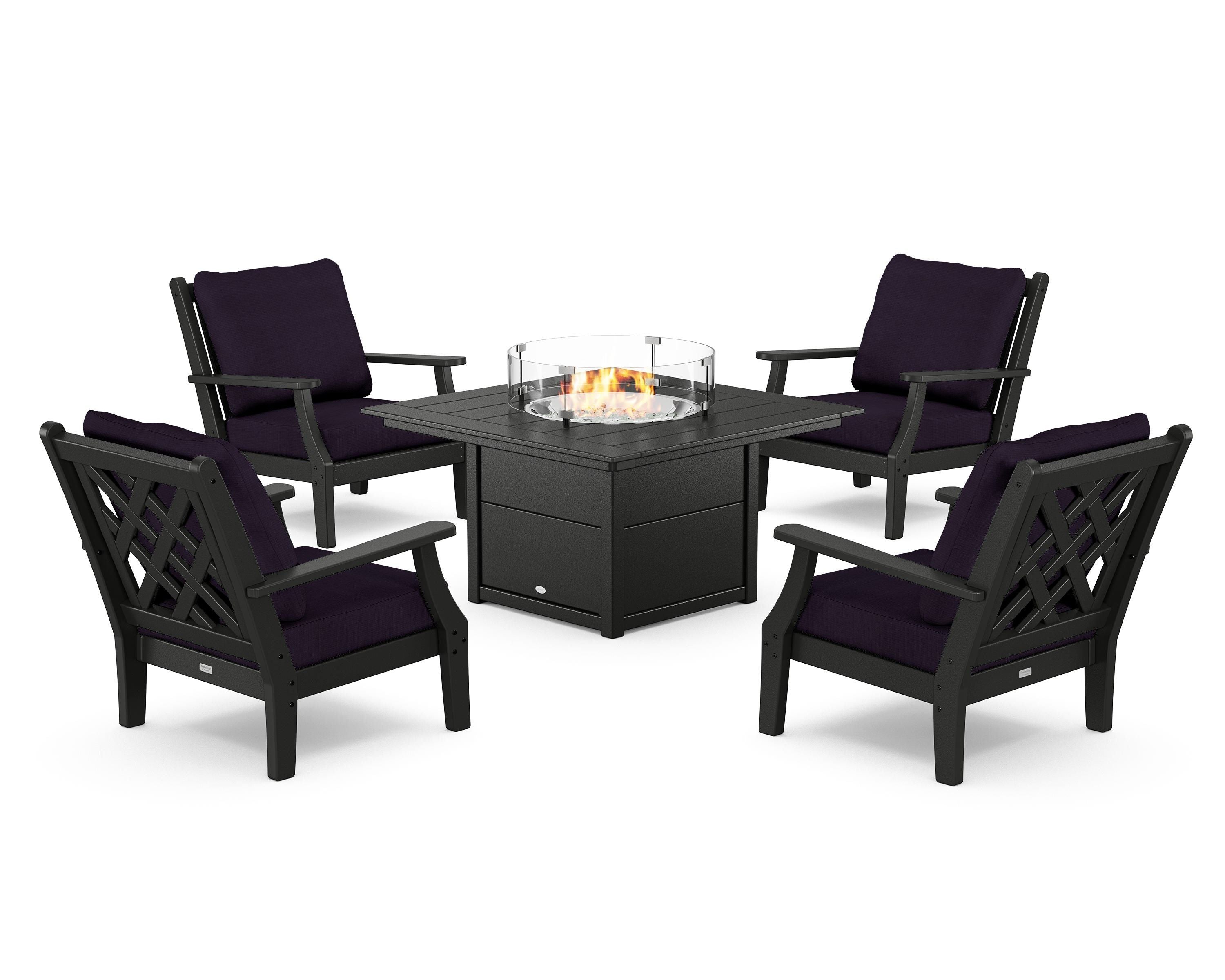 Country Living Wovendale 5-Piece Deep Seating Set with Fire Pit Table in Black / Navy Linen