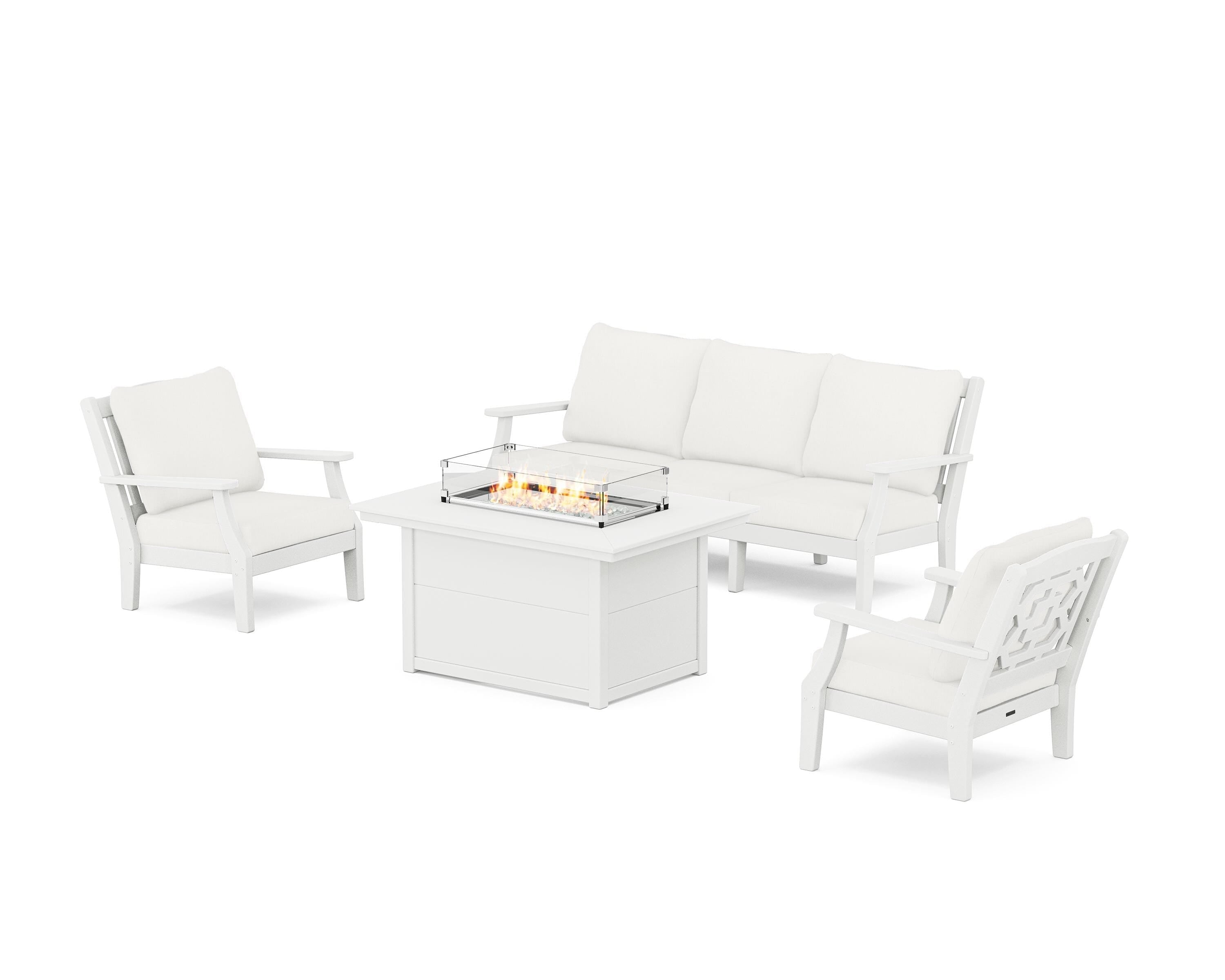 Martha Stewart by POLYWOOD® Chinoiserie Deep Seating Fire Pit Table Set in White / Natural Linen