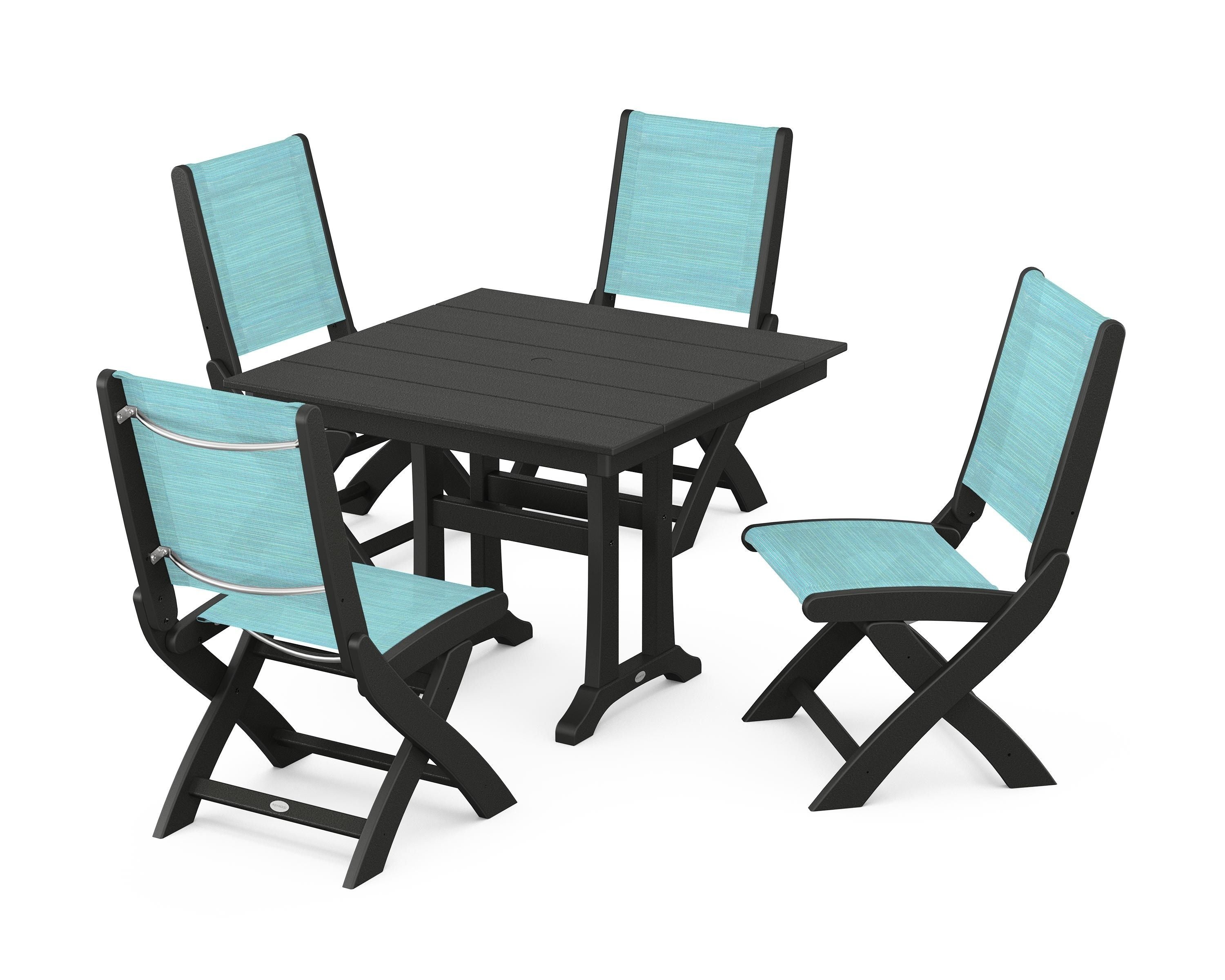 POLYWOOD® Coastal Folding Side Chair 5-Piece Farmhouse Dining Set With Trestle Legs in Black / Dupioni Aquamarine Sling