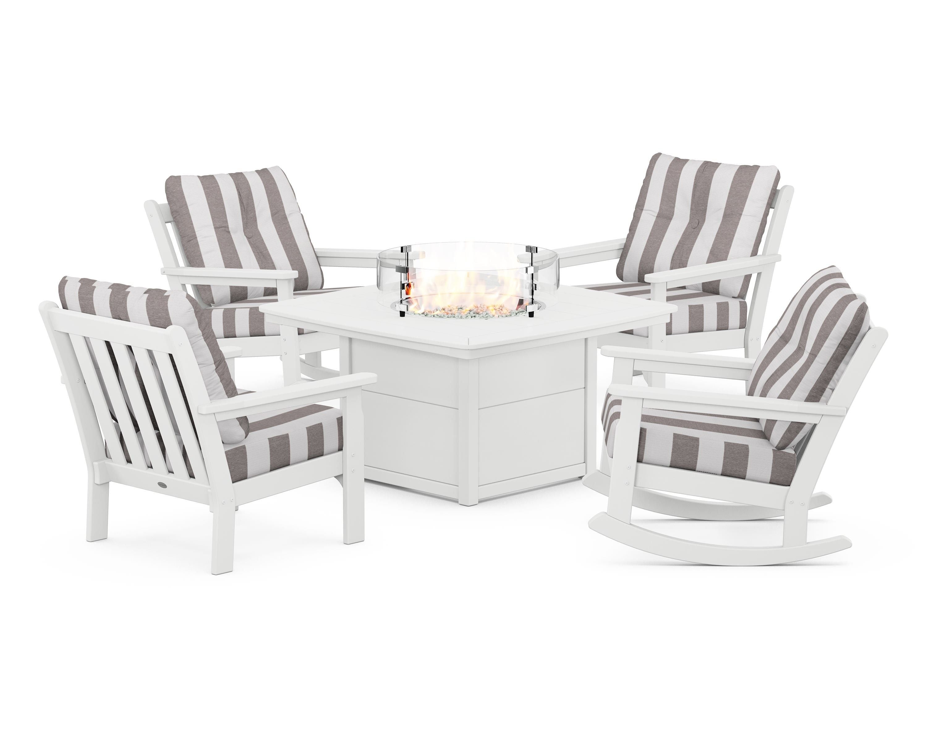 POLYWOOD® Vineyard 5-Piece Deep Seating Rocking Chair Conversation Set with Fire Pit Table in White / Cabana Stripe Grey Mist