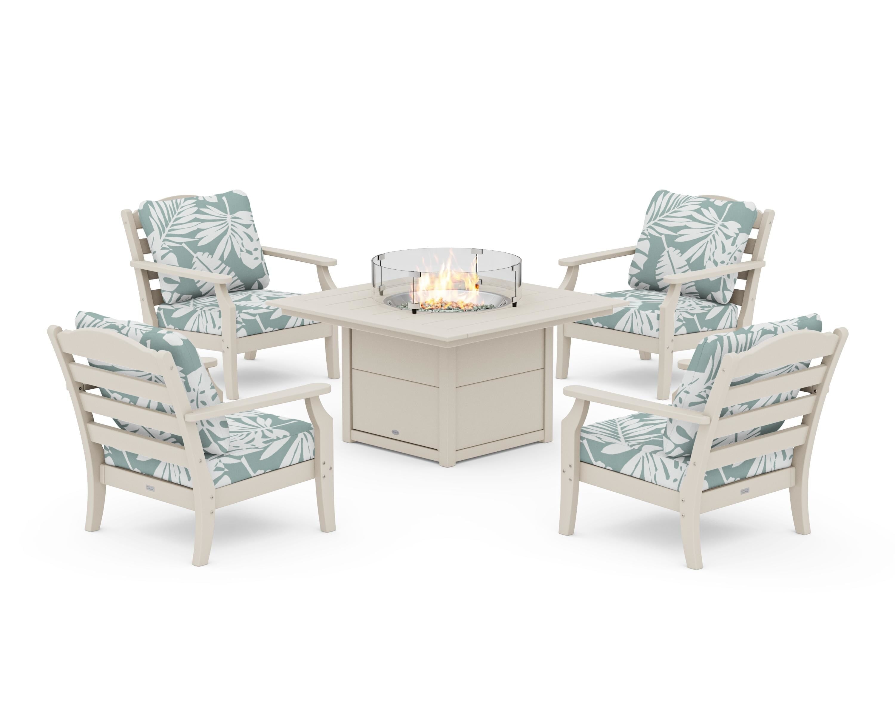 Draper James™ by POLYWOOD® Savannah 5-Piece Deep Seating Set with Fire Pit Table in Sand / Leaf Glacier Spa