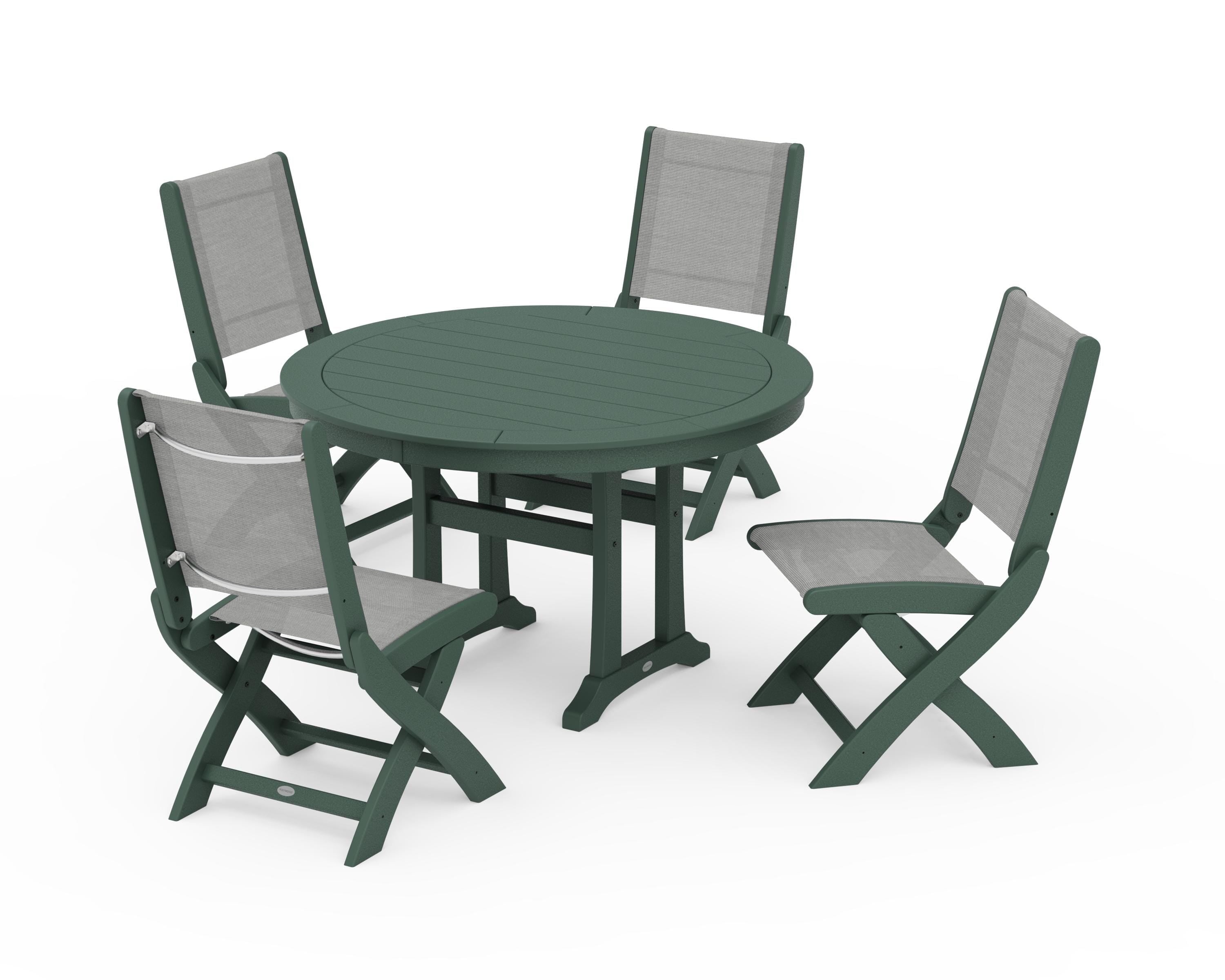 POLYWOOD® Coastal Folding Side Chair 5-Piece Round Dining Set With Trestle Legs in Green / Metallic Sling