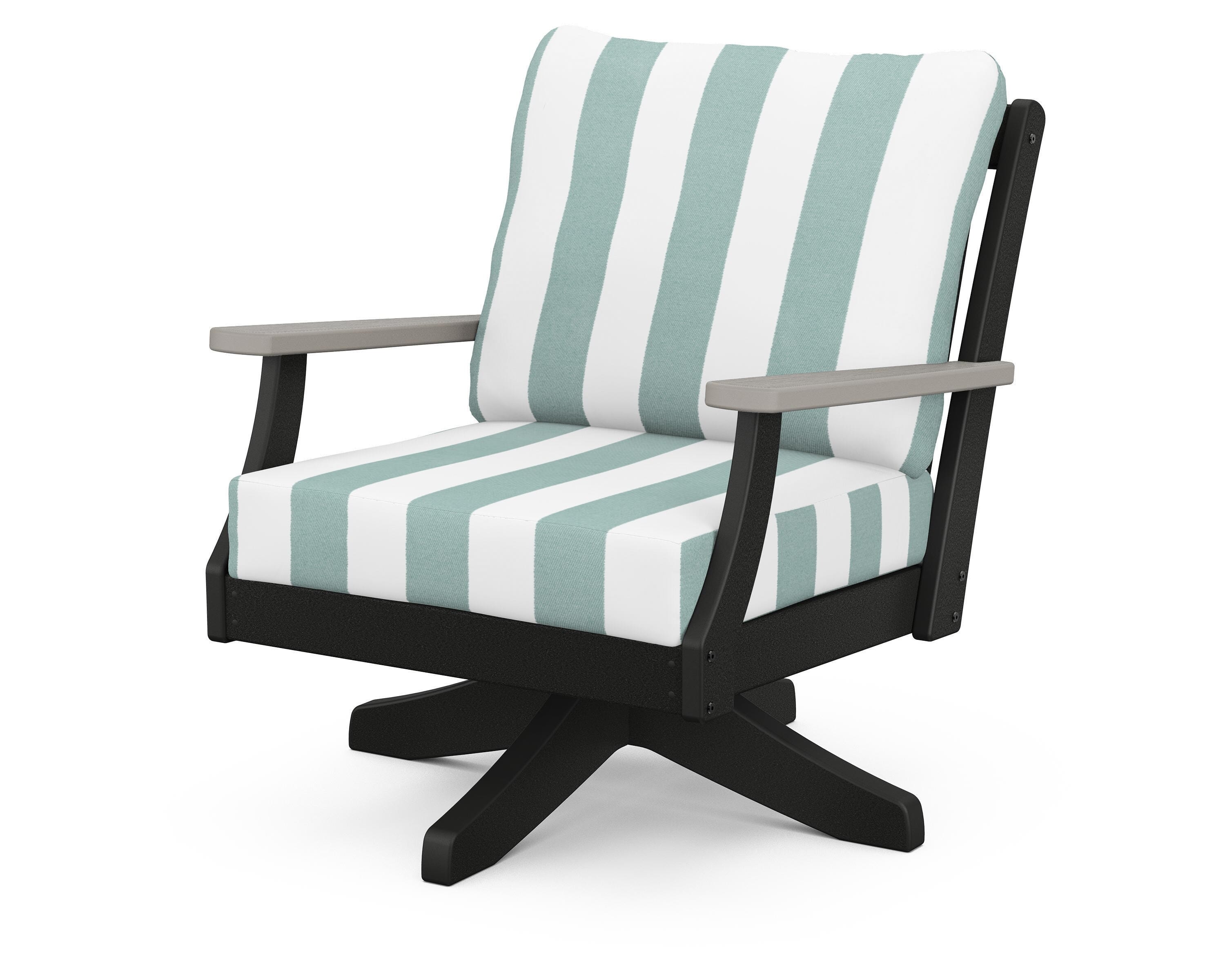 POLYWOOD® Braxton Deep Seating Swivel Chair in Black / Driftwood / Cabana Stripe Glacier Spa