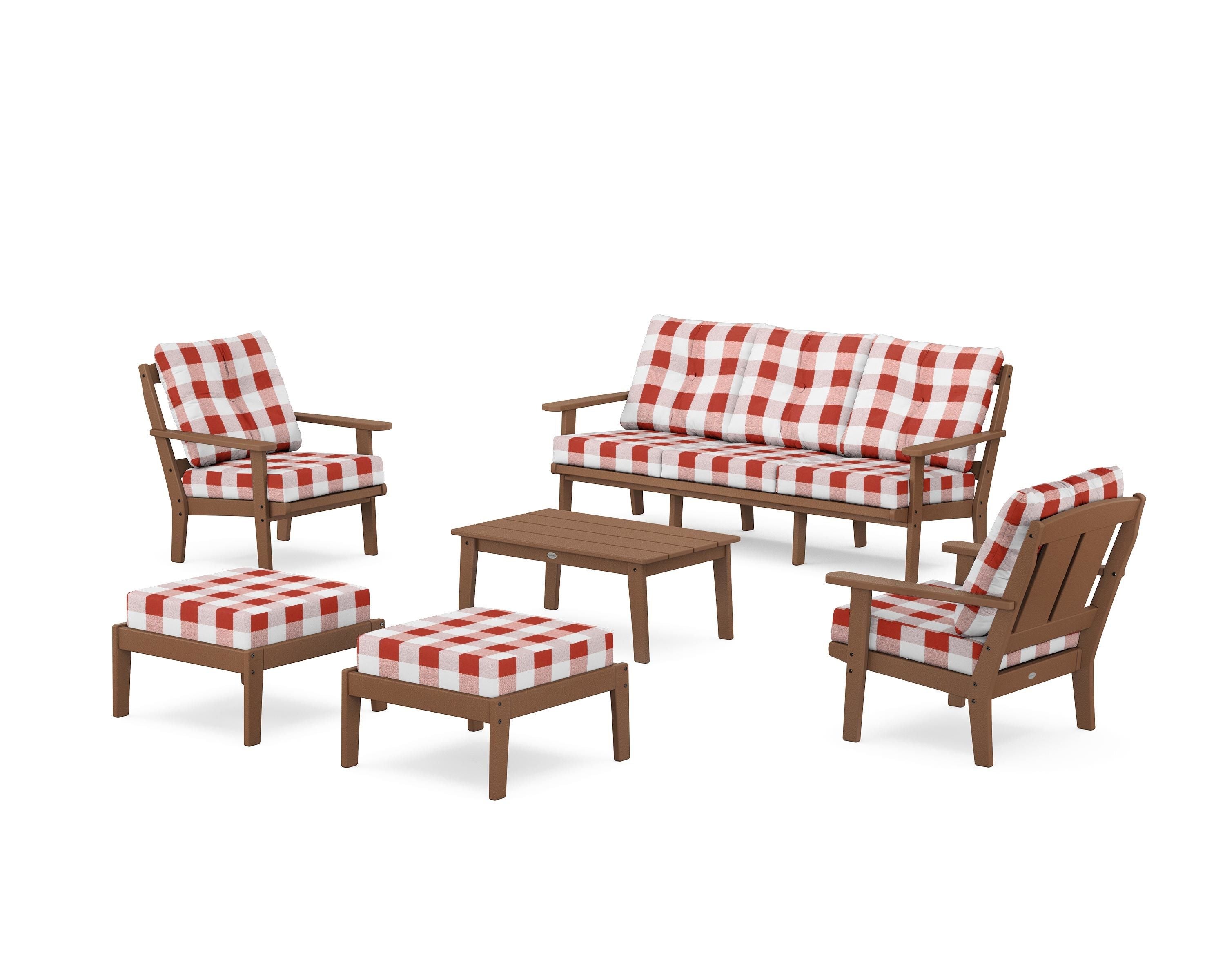 POLYWOOD® Mission 6-Piece Lounge Sofa Set in Teak / Buffalo Plaid Crimson