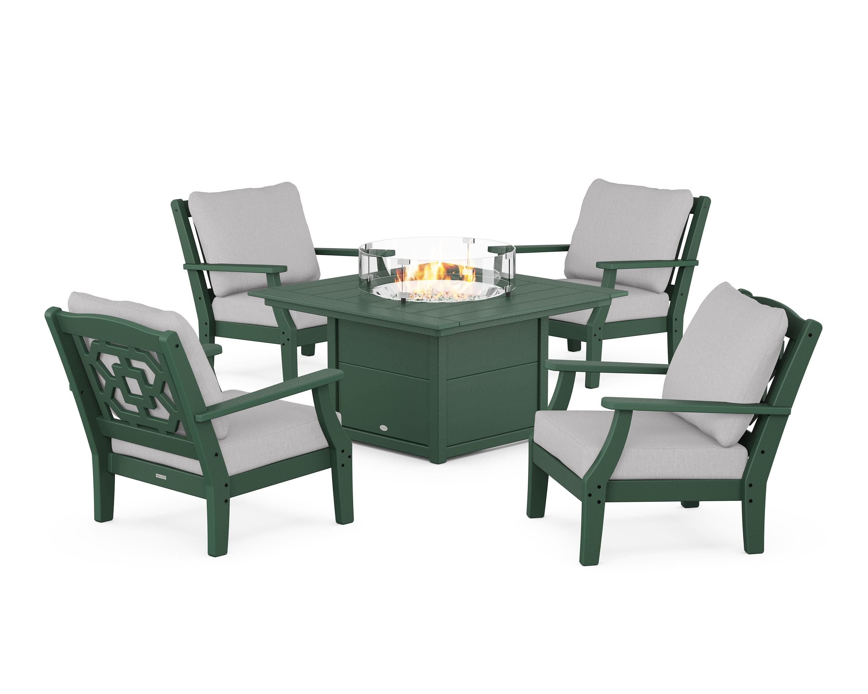 Martha Stewart by POLYWOOD® Chinoiserie 5-Piece Deep Seating Set with Fire Pit Table in Green / Granite