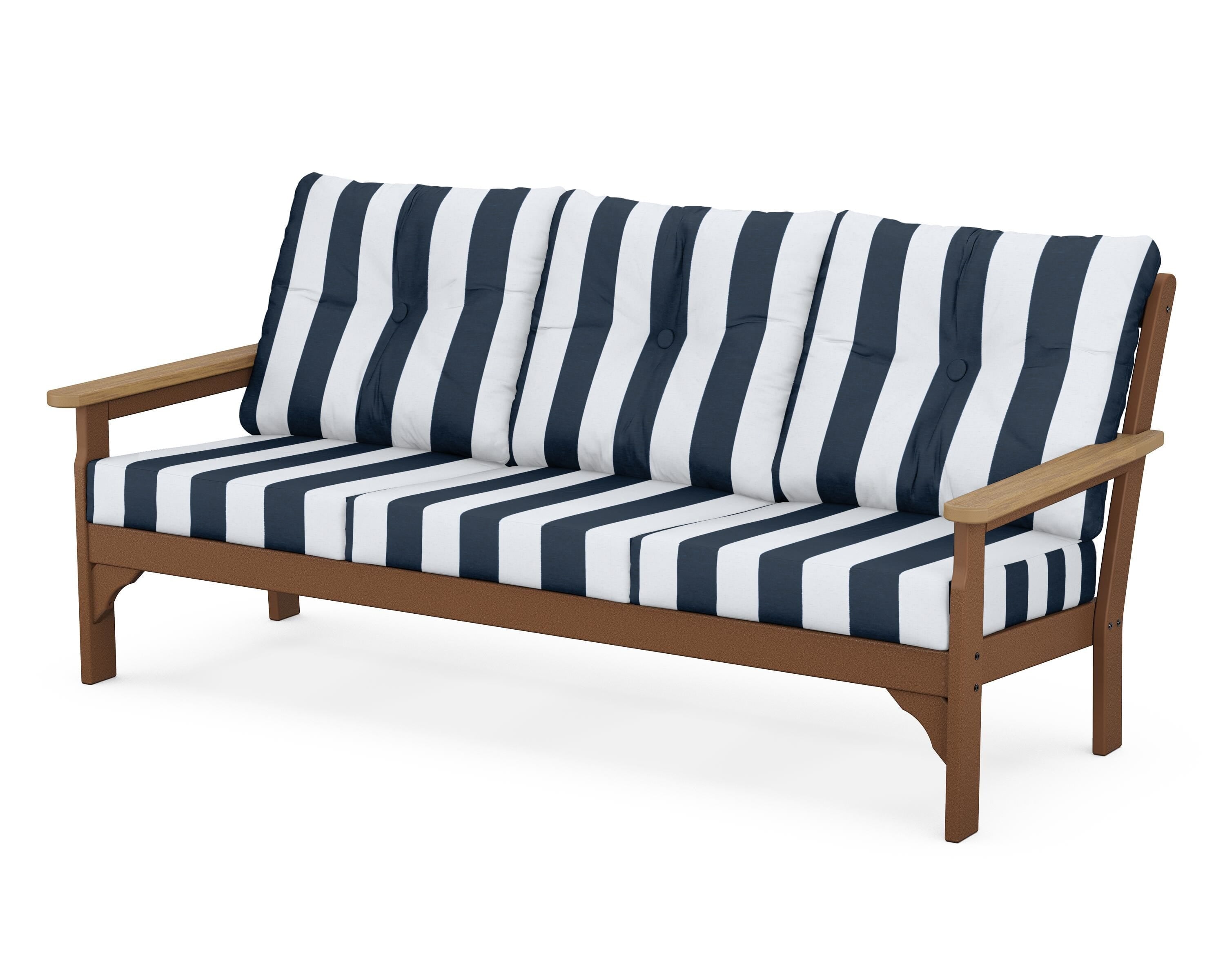 POLYWOOD® Vineyard Deep Seating Sofa in Teak / Natural / Cabana Stripe Marine Indigo
