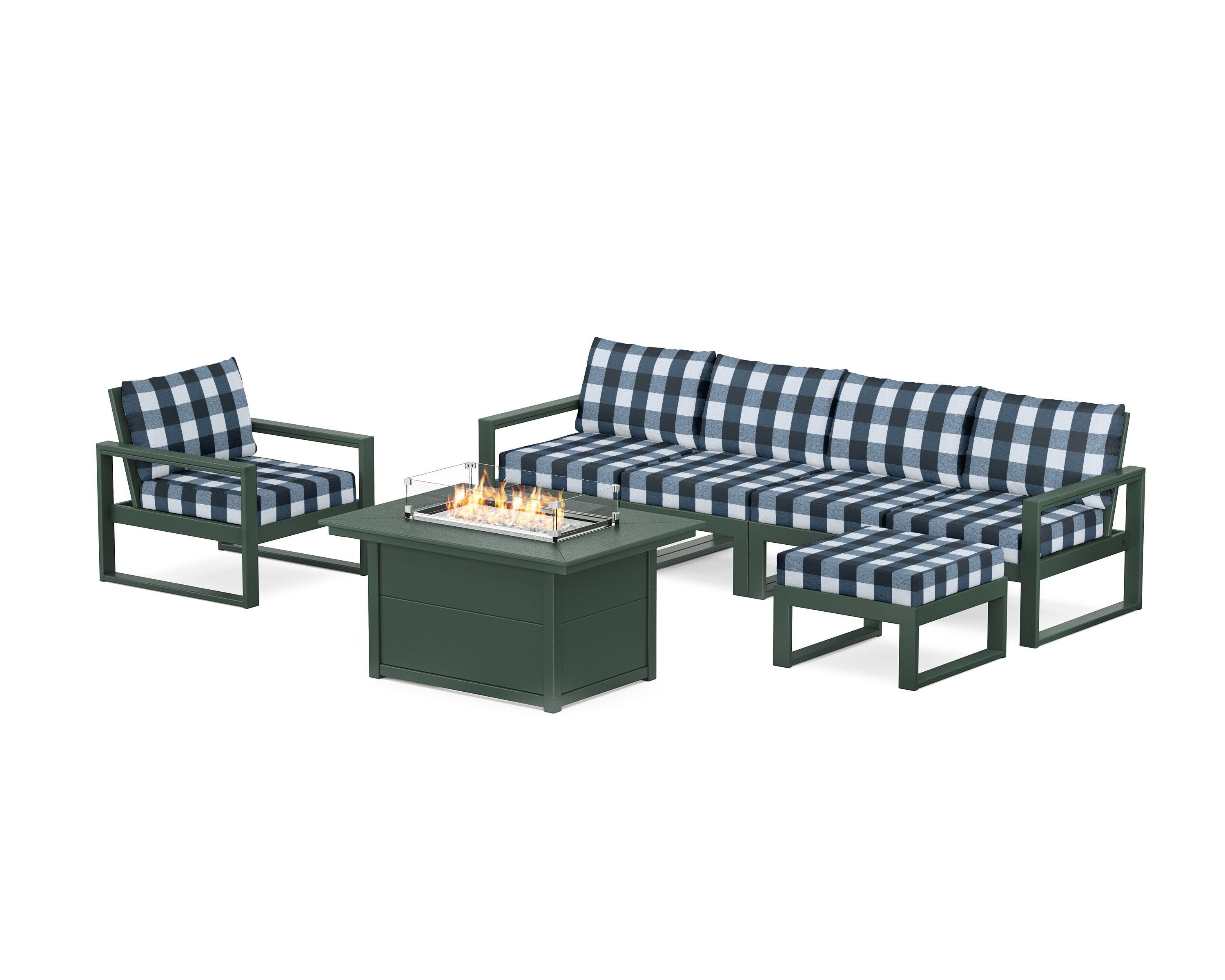 POLYWOOD® EDGE Sectional Lounge and Fire Pit Set in Green / Buffalo Plaid Marine Indigo
