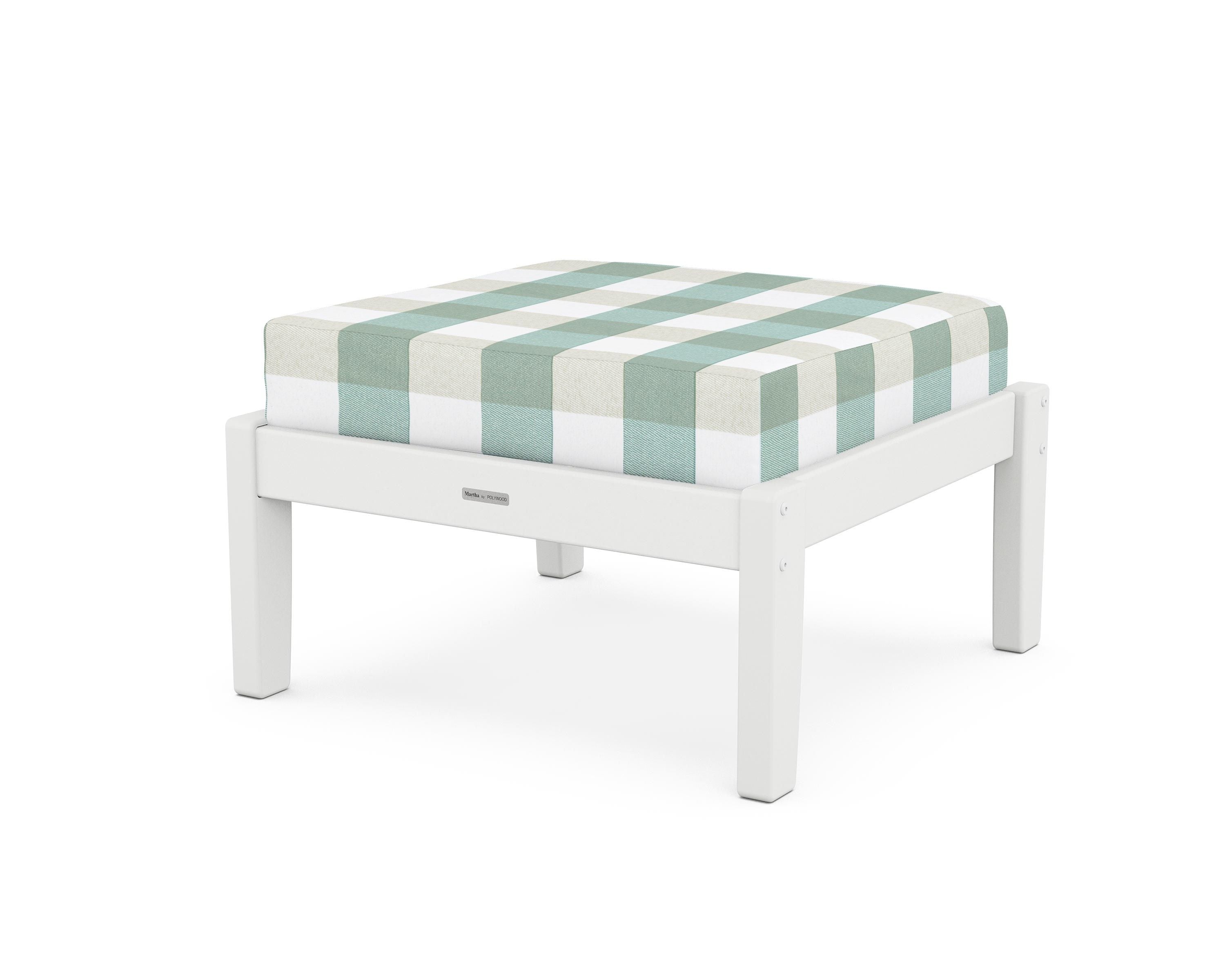 Martha Stewart by POLYWOOD® Chinoiserie Deep Seating Ottoman in White / Buffalo Plaid Glacier Spa