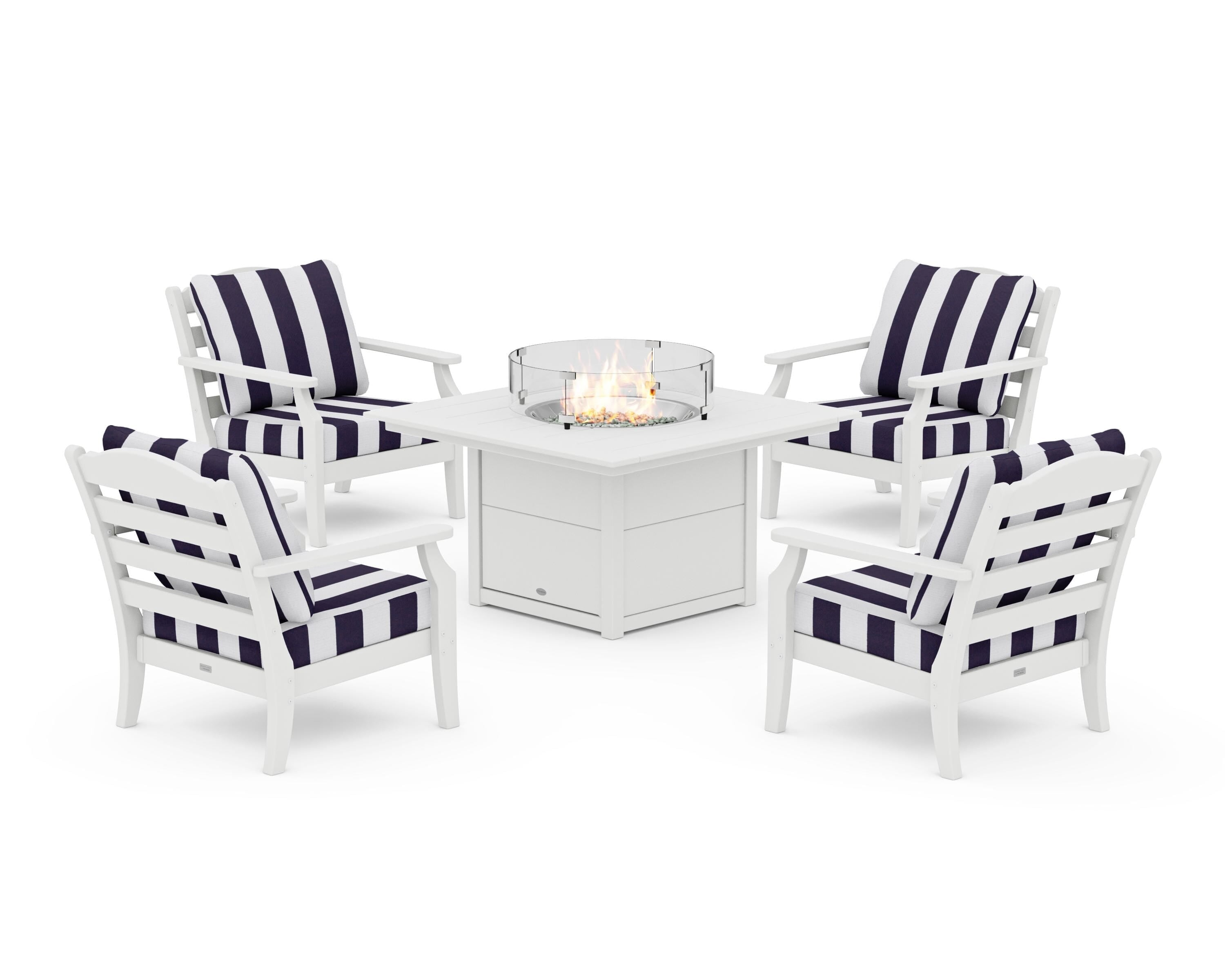 Draper James™ by POLYWOOD® Savannah 5-Piece Deep Seating Set with Fire Pit Table in White / Cabana Stripe Navy