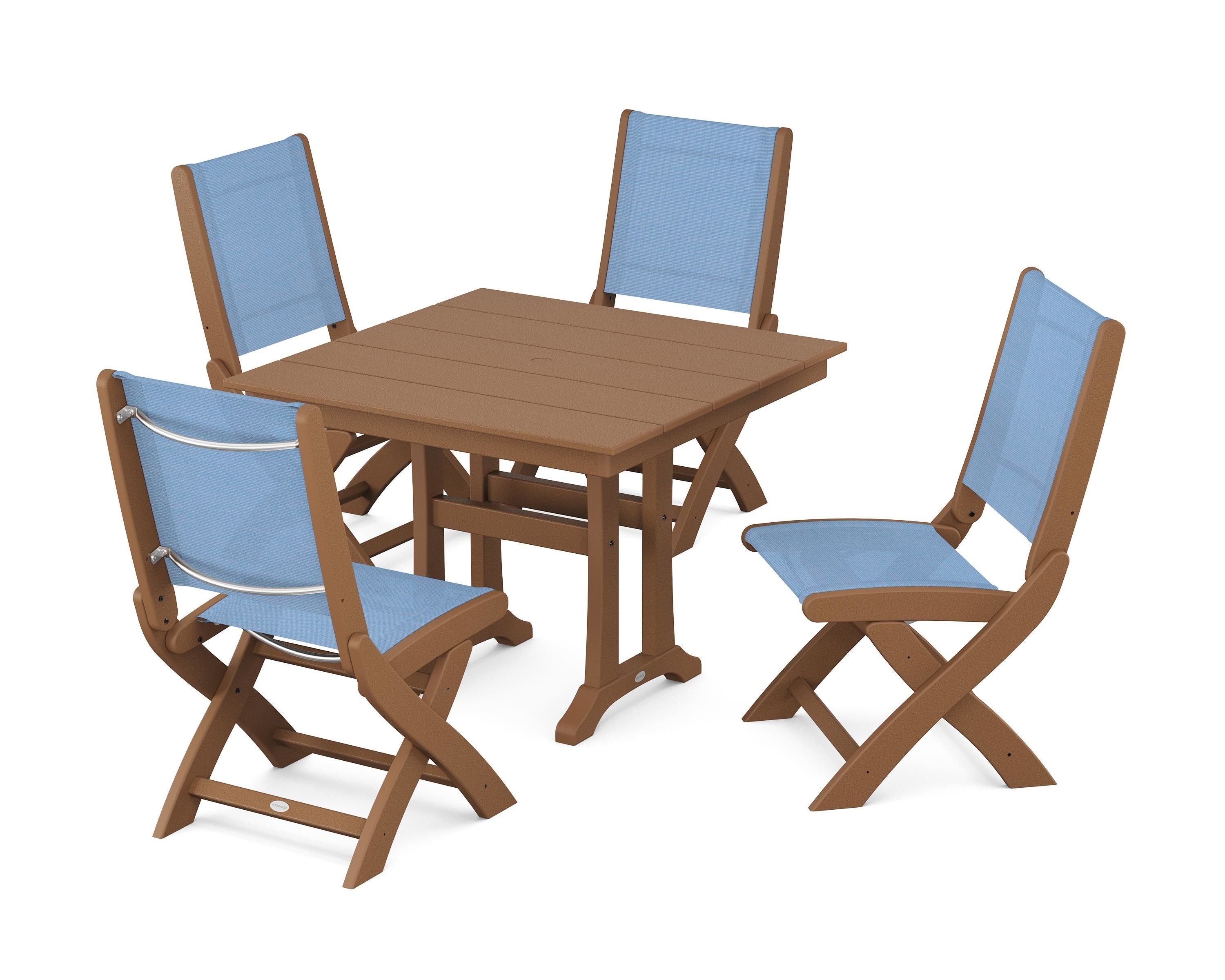 POLYWOOD® Coastal Folding Side Chair 5-Piece Farmhouse Dining Set With Trestle Legs in Teak / Poolside Sling