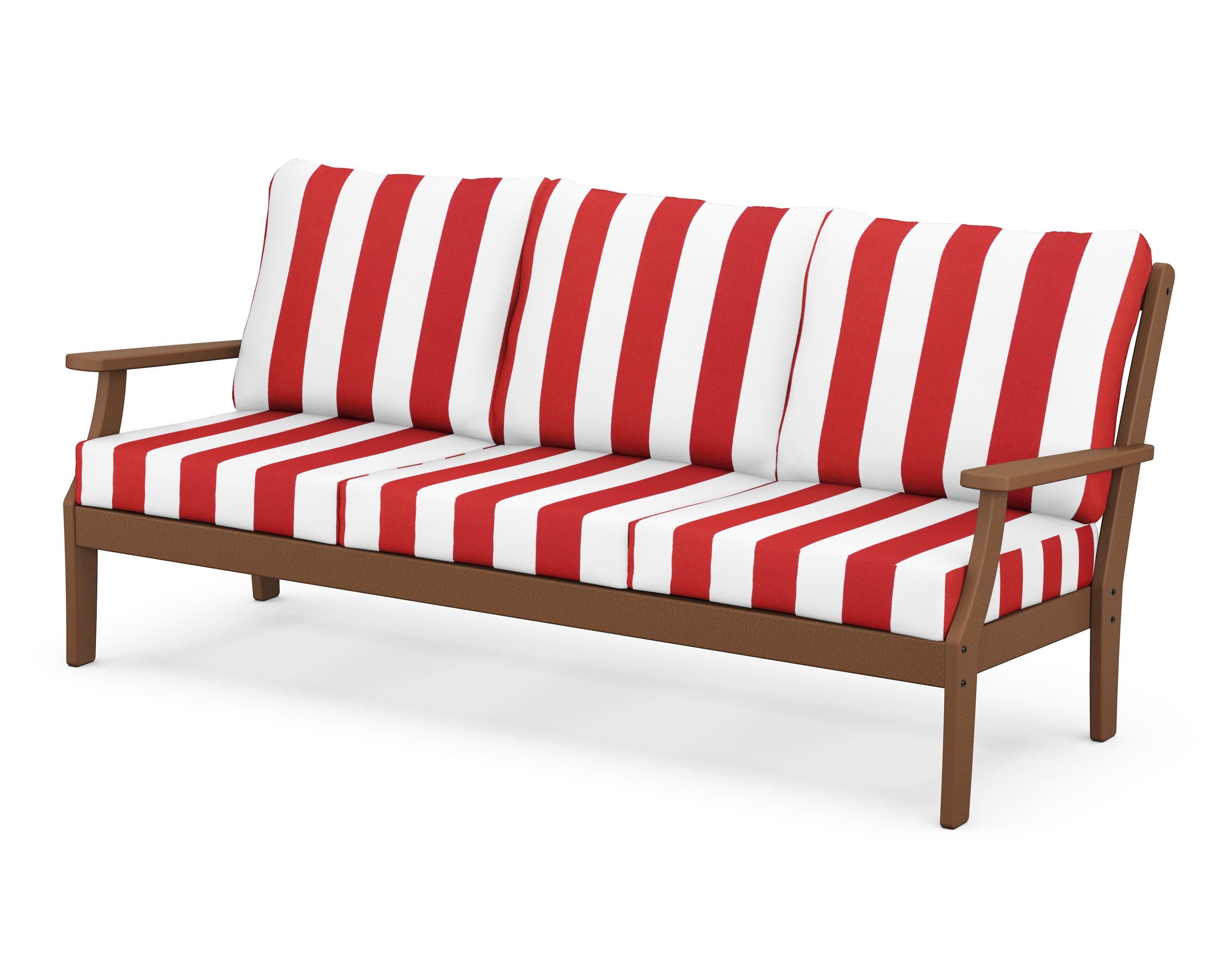 POLYWOOD® Braxton Deep Seating Sofa in Teak / Cabana Stripe Crimson
