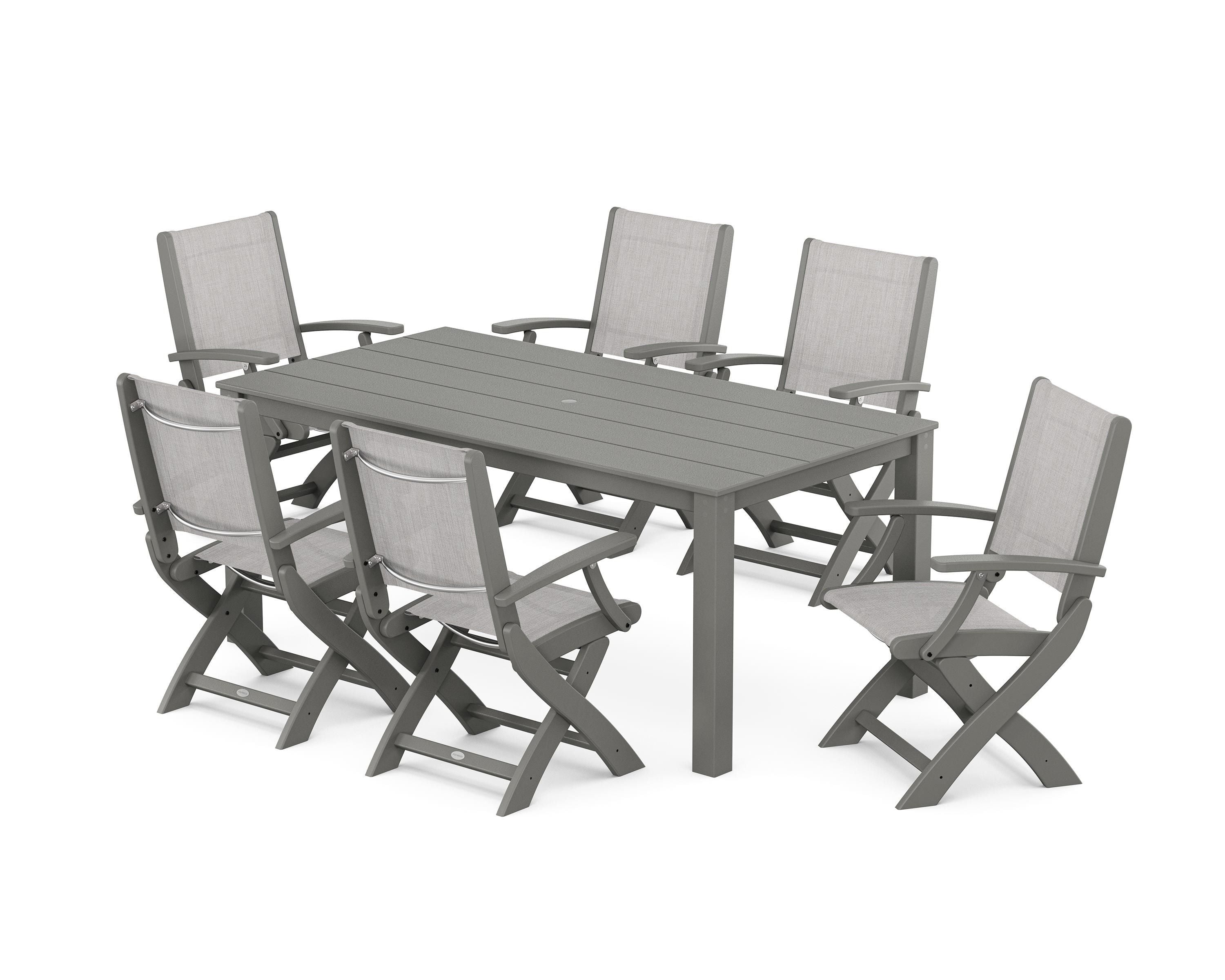 POLYWOOD® Coastal Folding Chair 7-Piece Parsons Dining Set in Teak / Black Sling