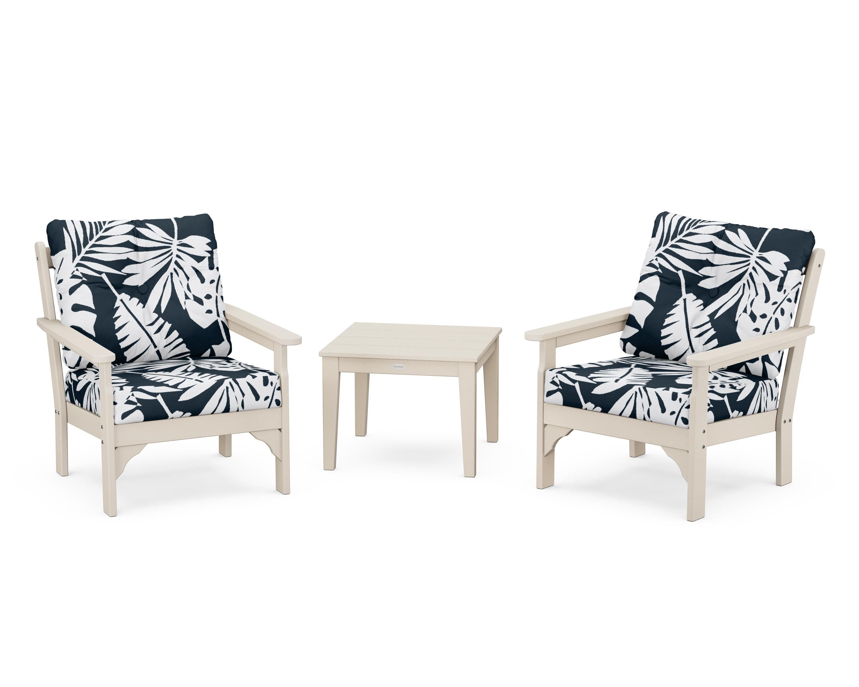 POLYWOOD® Vineyard 3-Piece Deep Seating Set in Sand / Leaf Marine Indigo