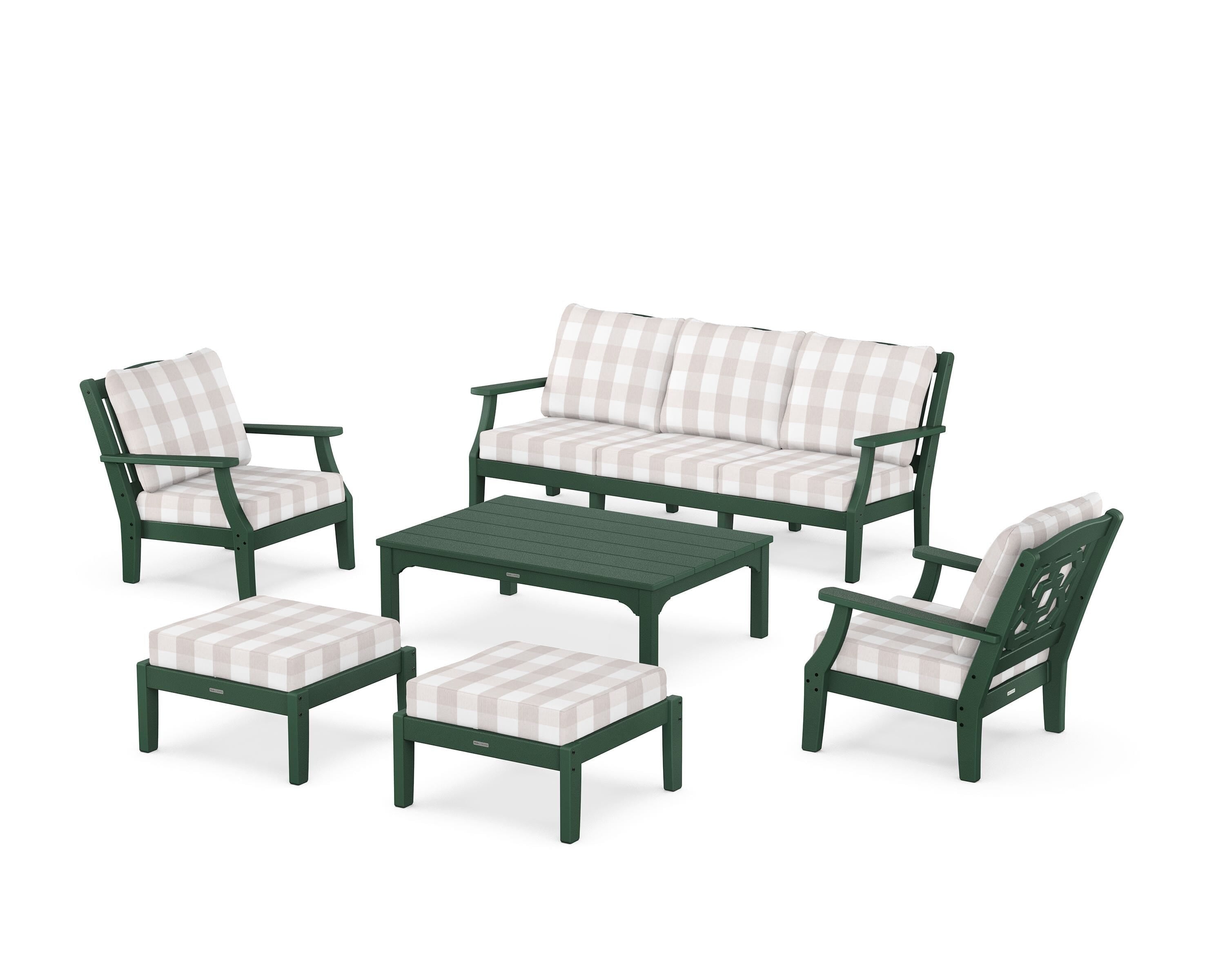 Martha Stewart by POLYWOOD® Chinoiserie 6-Piece Lounge Sofa Set in Green / Buffalo Plaid Dune Burlap