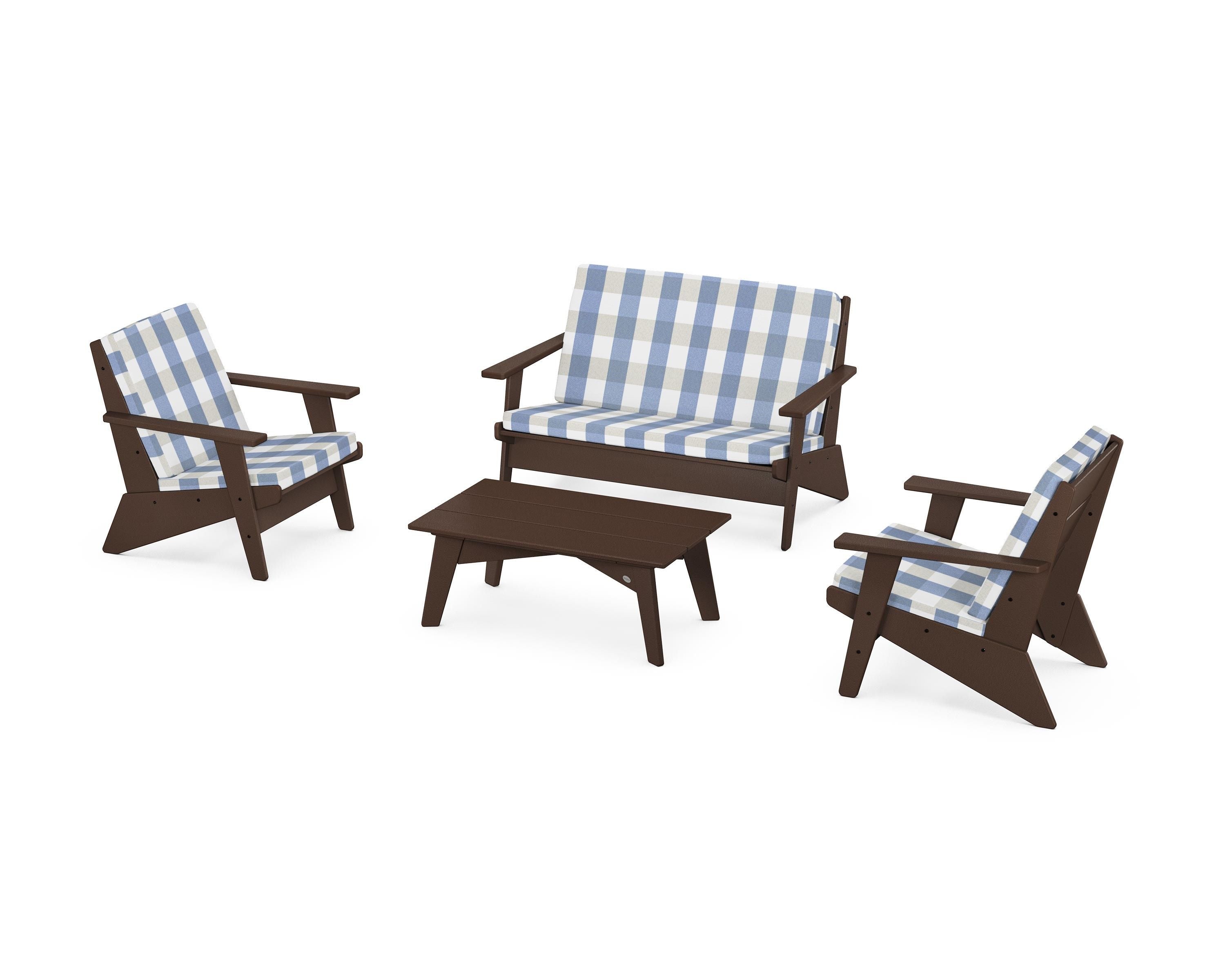 POLYWOOD® Riviera Modern Lounge 4-Piece Set in Mahogany / Buffalo Plaid Sky Blue