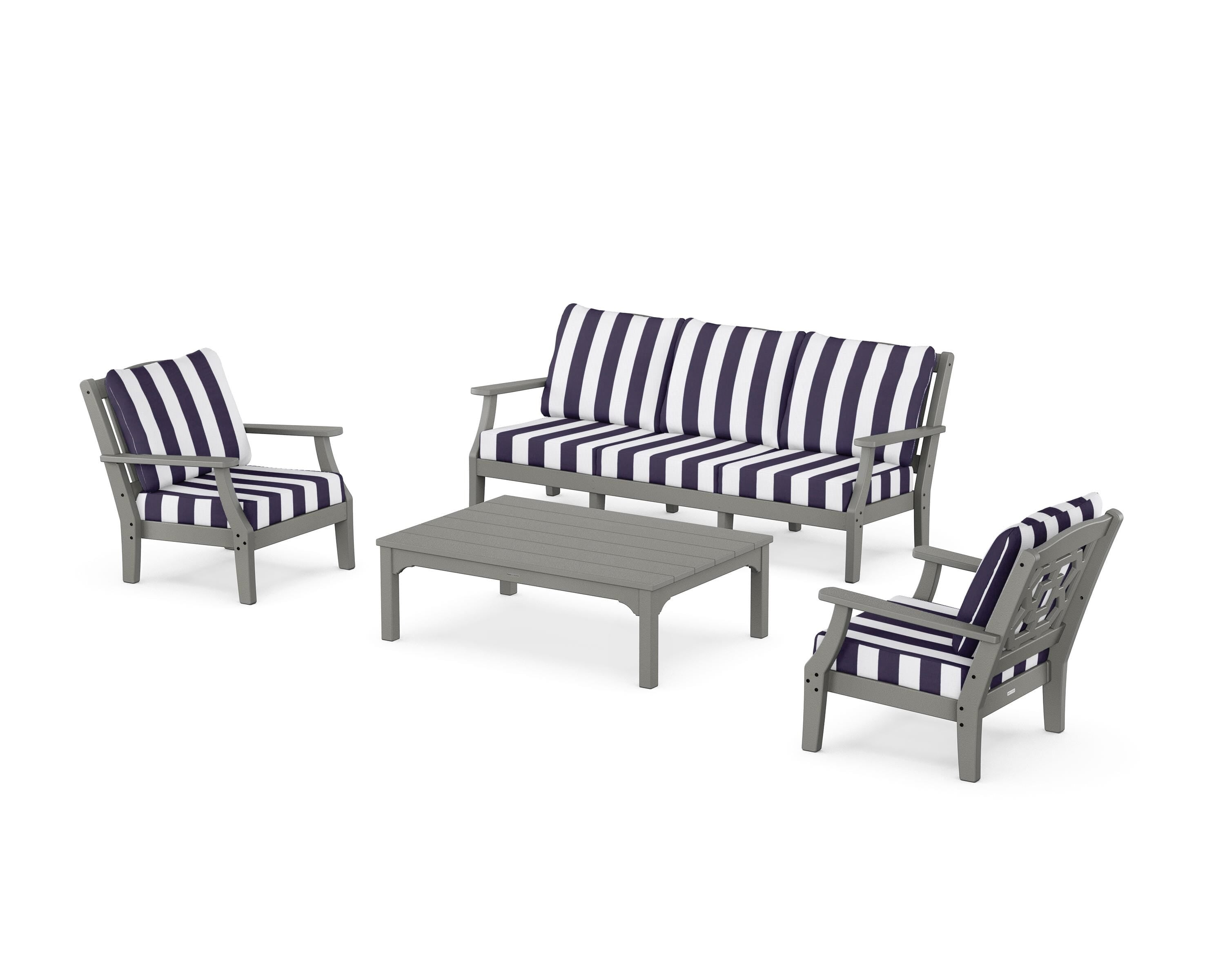 Martha Stewart by POLYWOOD® Chinoiserie 4-Piece Deep Seating Set with Sofa in Slate Grey / Cabana Stripe Navy