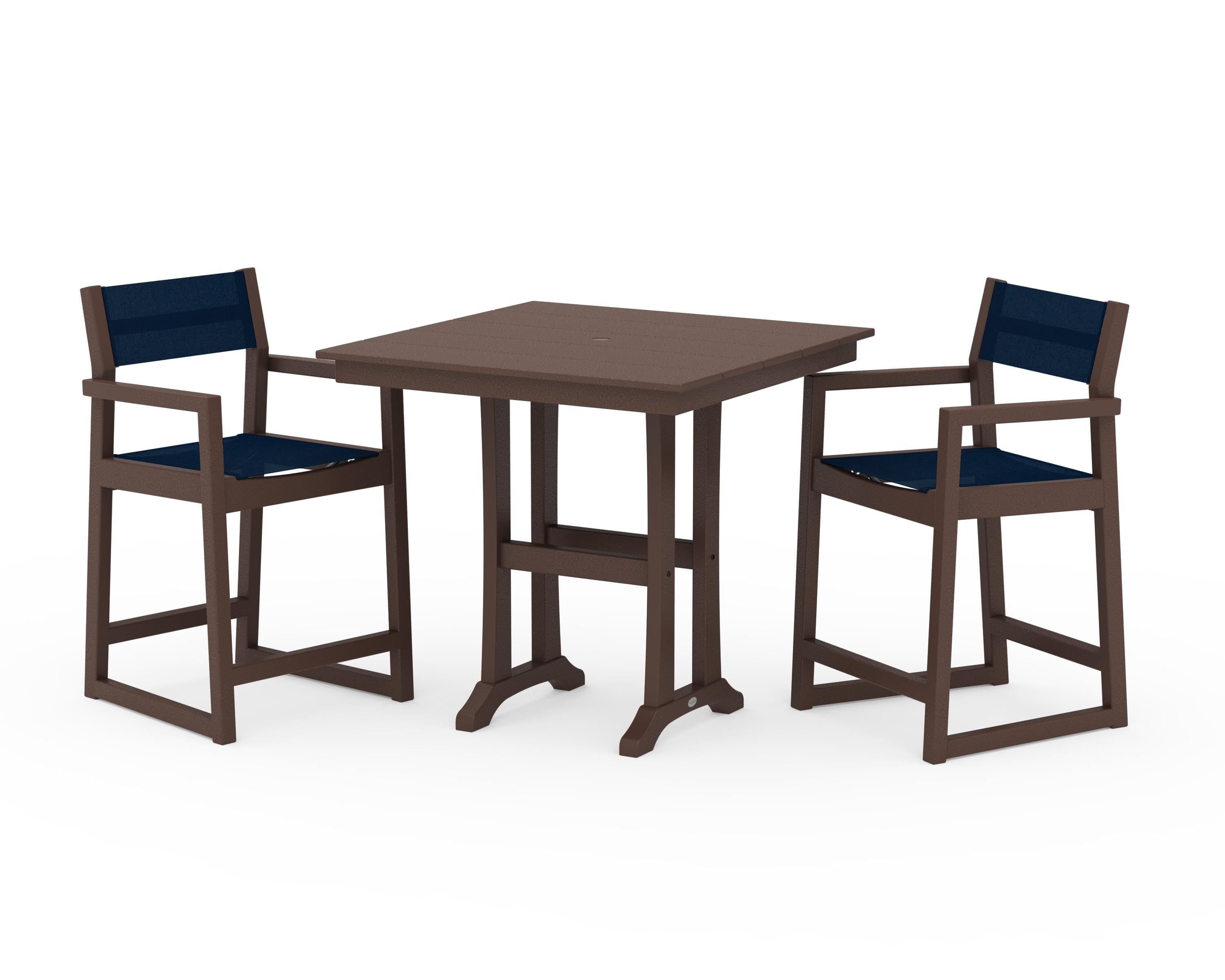 POLYWOOD® EDGE Sling Arm Chair 3-Piece Farmhouse Counter Set with Trestle Legs in Mahogany / Navy Blue Sling