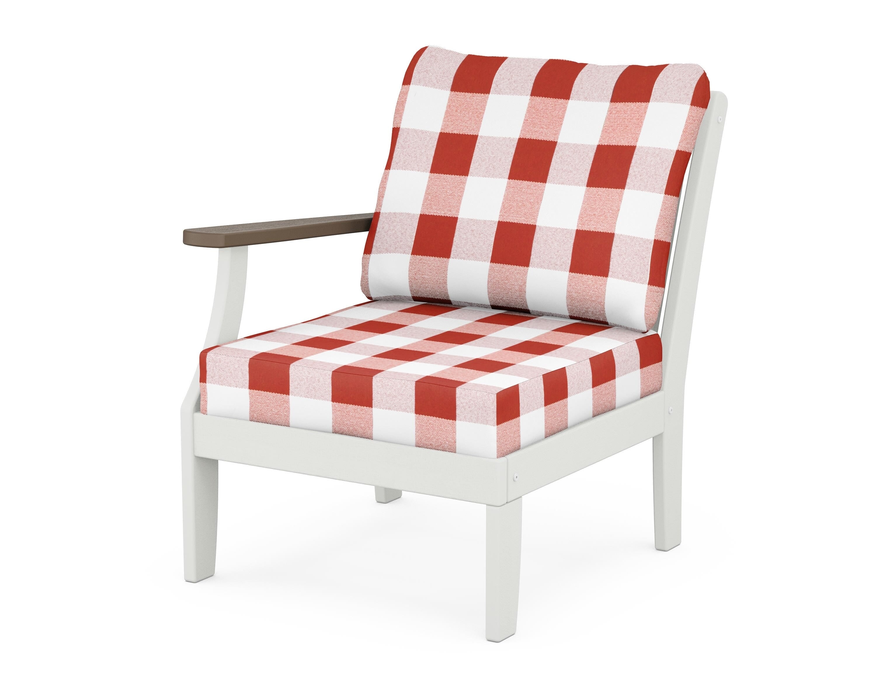 POLYWOOD® Braxton Modular Left Arm Chair in White / Kona / Buffalo Plaid Crimson