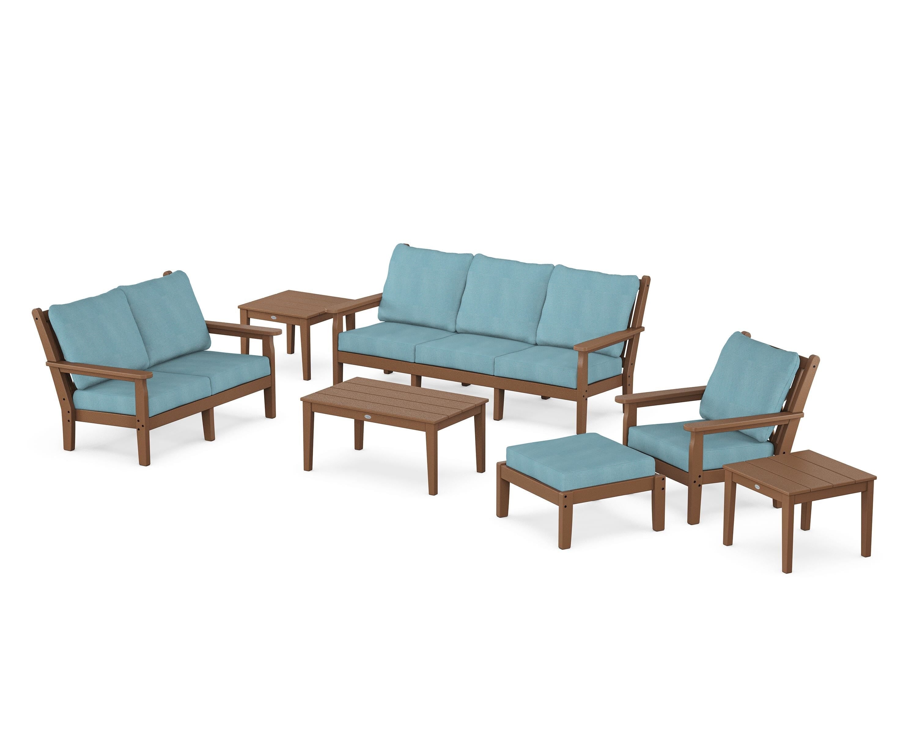 POLYWOOD® Chippendale 7-Piece Deep Seating Set in Teak / Lattice Sky Blue