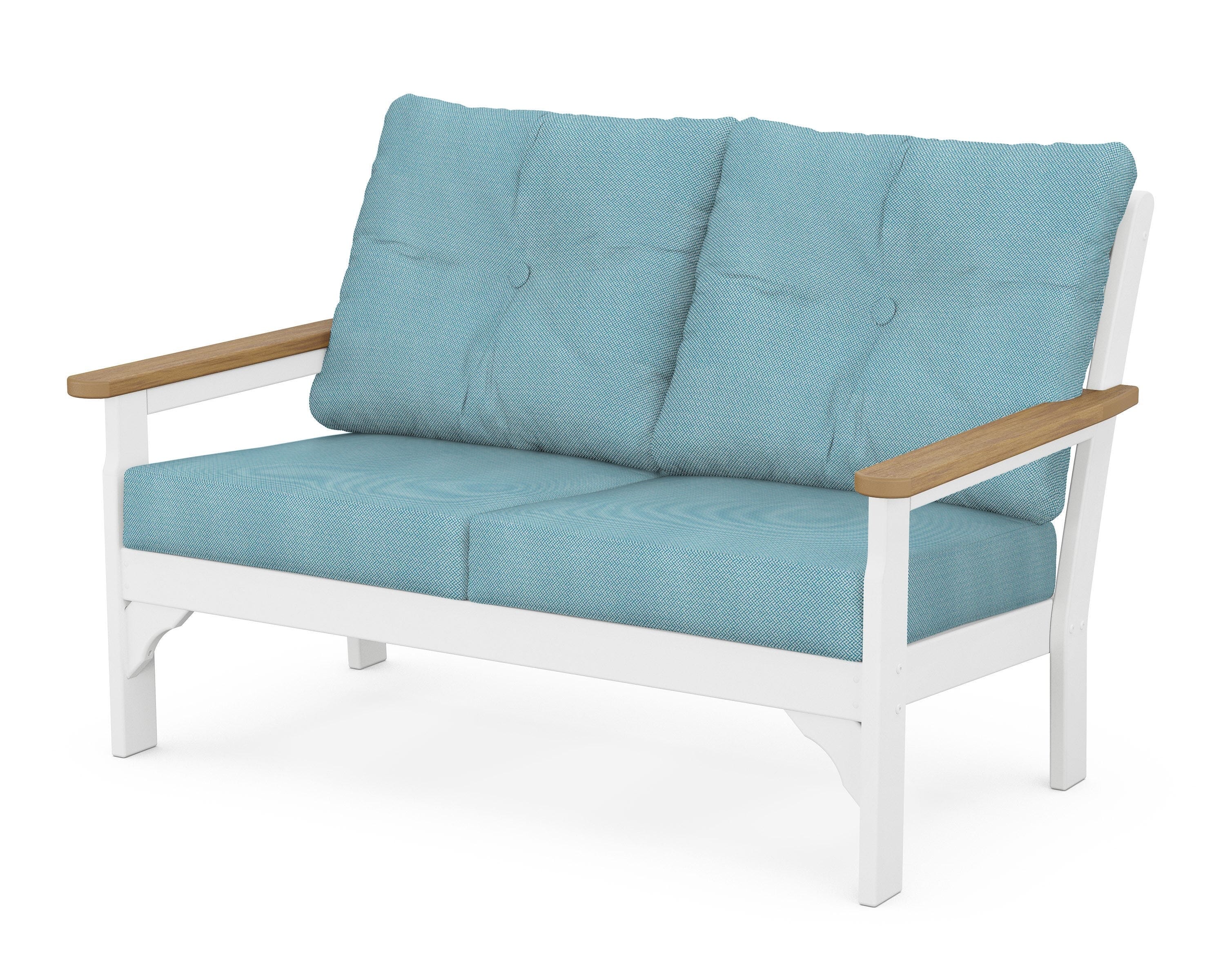 POLYWOOD® Vineyard Deep Seating Loveseat in White / Natural / Lattice Sky Blue
