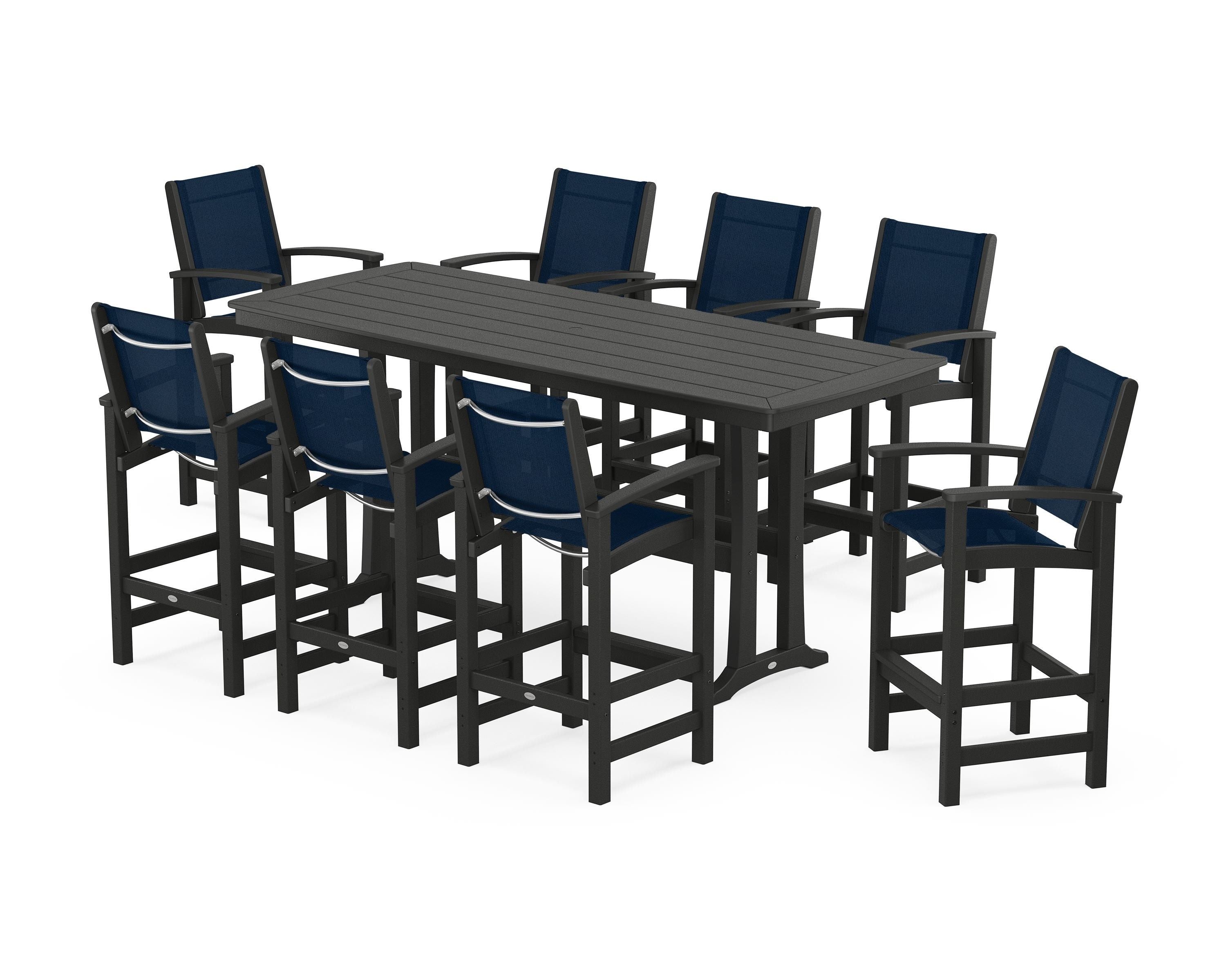 POLYWOOD® Coastal 9-Piece Bar Set with Trestle Legs in Black / Navy Blue Sling