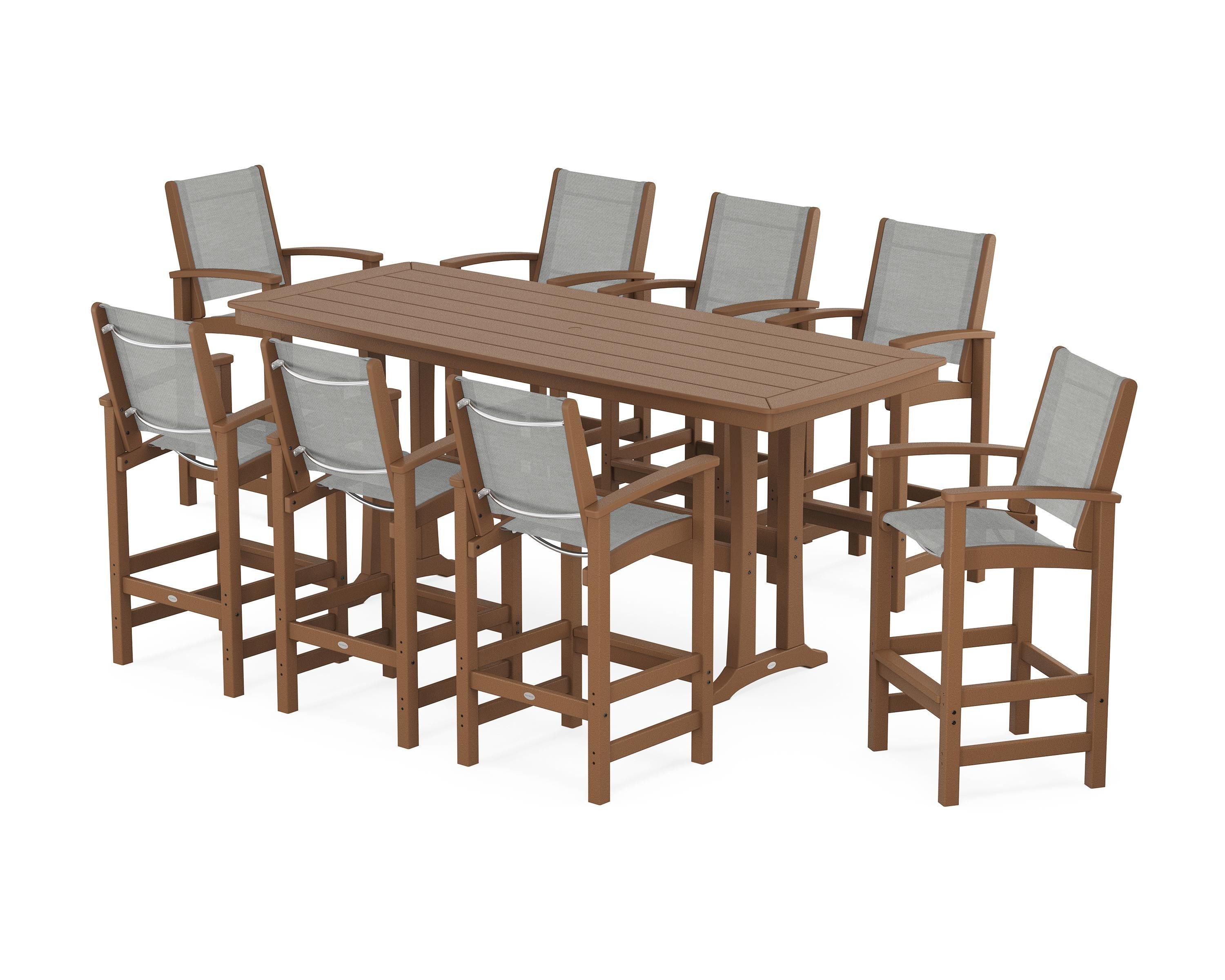 POLYWOOD® Coastal 9-Piece Bar Set with Trestle Legs in Teak / Metallic Sling